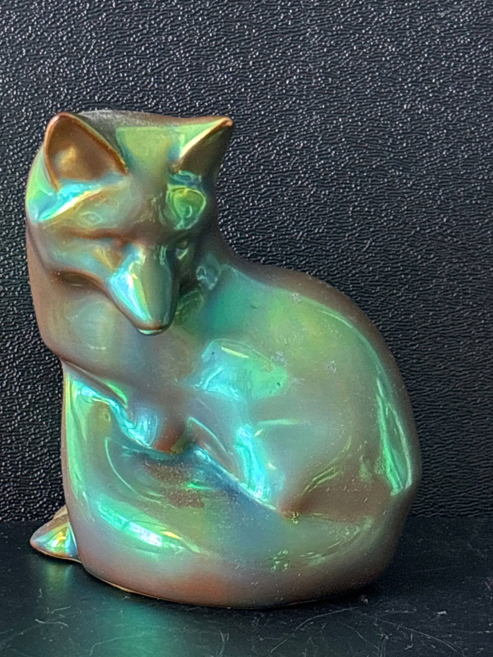 Vintage Zsolnay Pecs Hungarian iridescent green glazed fox 4 inch statue: Vintage Zsolnay Pecs Hungarian iridescent green glazed fox 4 inch statue.Signed on bottom. It is about 4 inches tall. Good condition