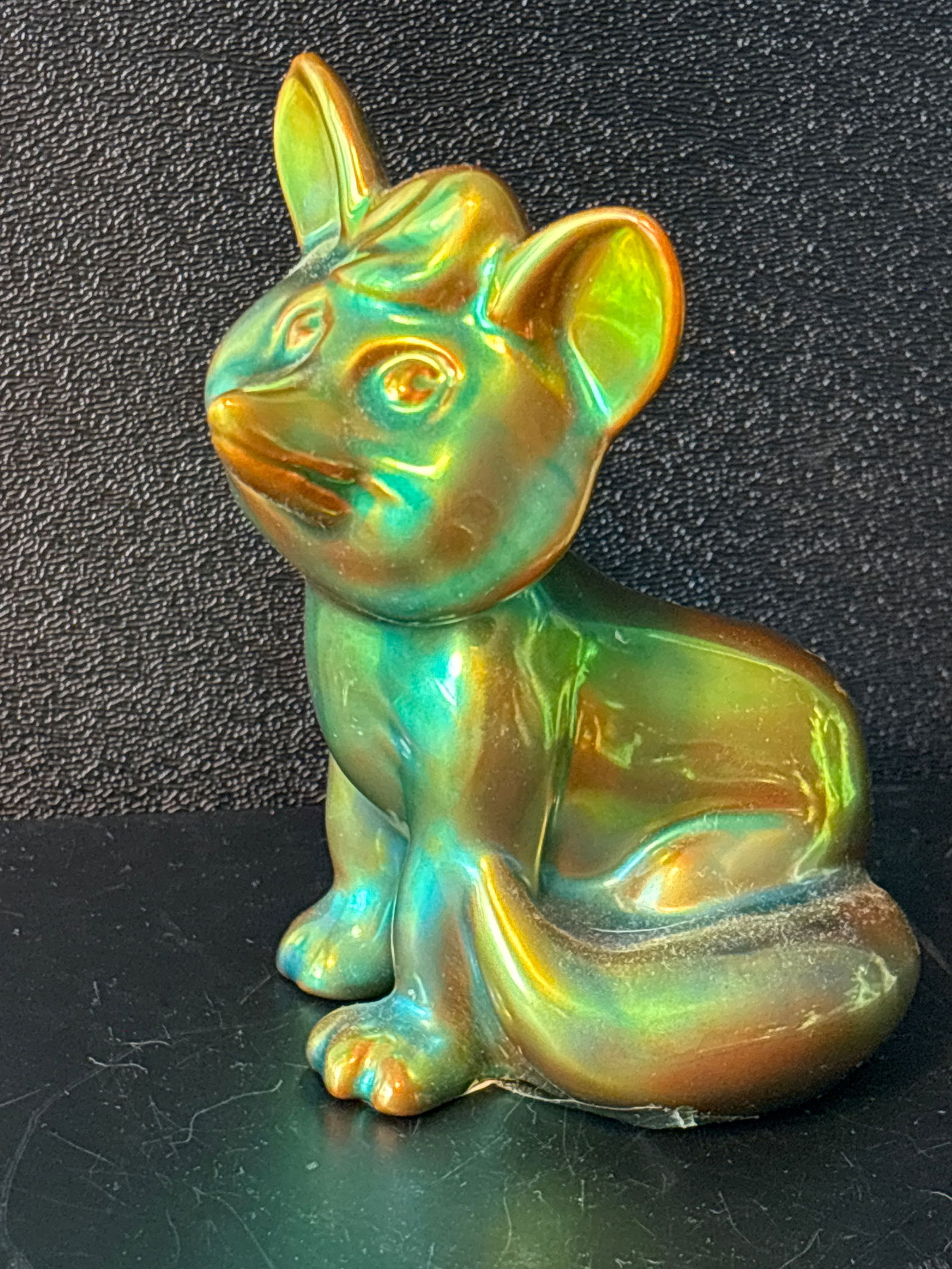 Seated fox Vintage Zsolnay Pecs Hungarian iridescent green glazed 4 inch statue: Vintage Zsolnay Pecs Hungarian iridescent green glazed fox 4 inch statue.Signed on bottom. It is about 4 inches tall. Good condition