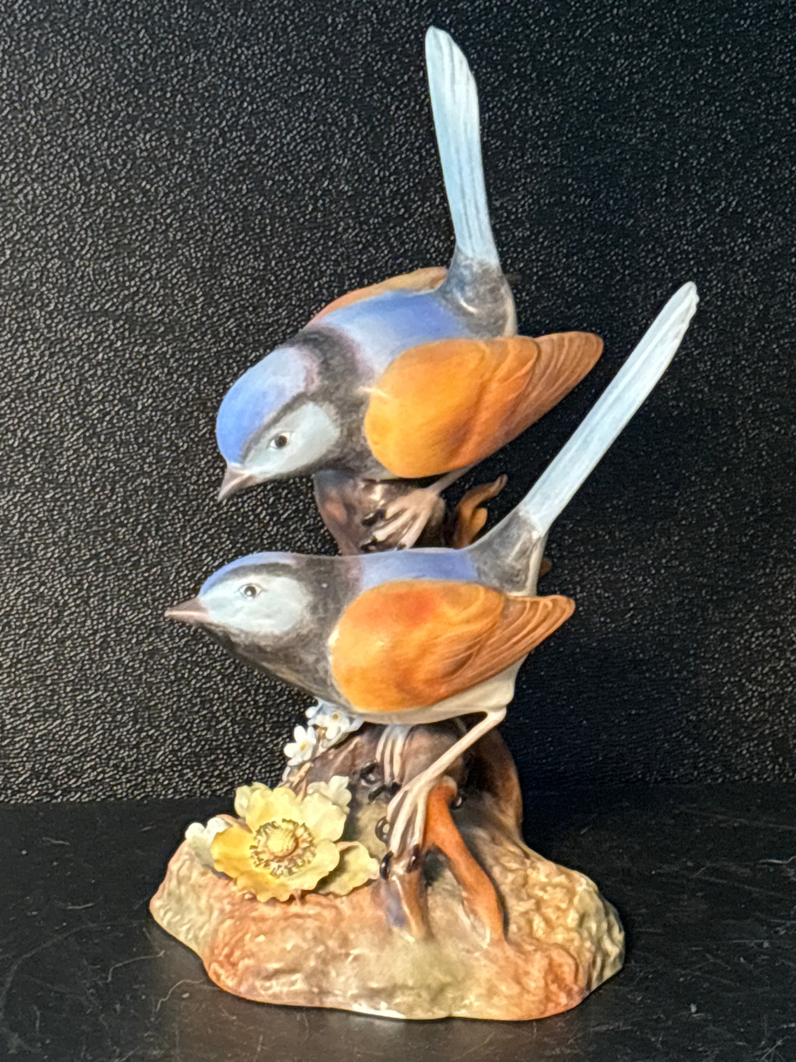 7 inch Royal Crown Derby English bone china Fairy Wrens sculpture: Tall Royal Crown Derby English bone china Fairy Wrens 7 inches sculpture. Signed on bottom. Good condition, no damage. No flaws or repairs, etc.