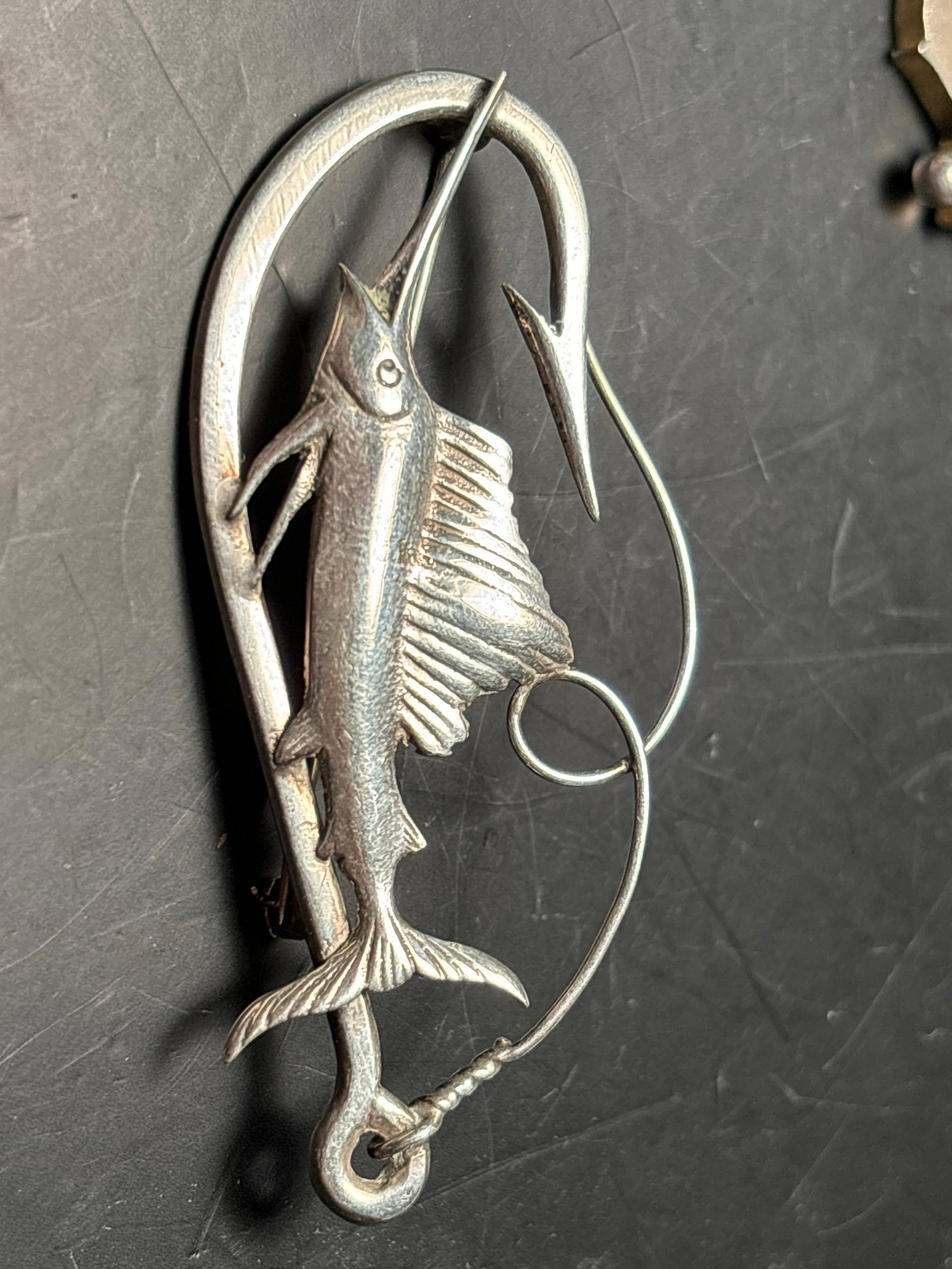 Vintage solid sterling silver hook & swordfish shaped 2&3/4inch brooch pin; grams (1 of 4)