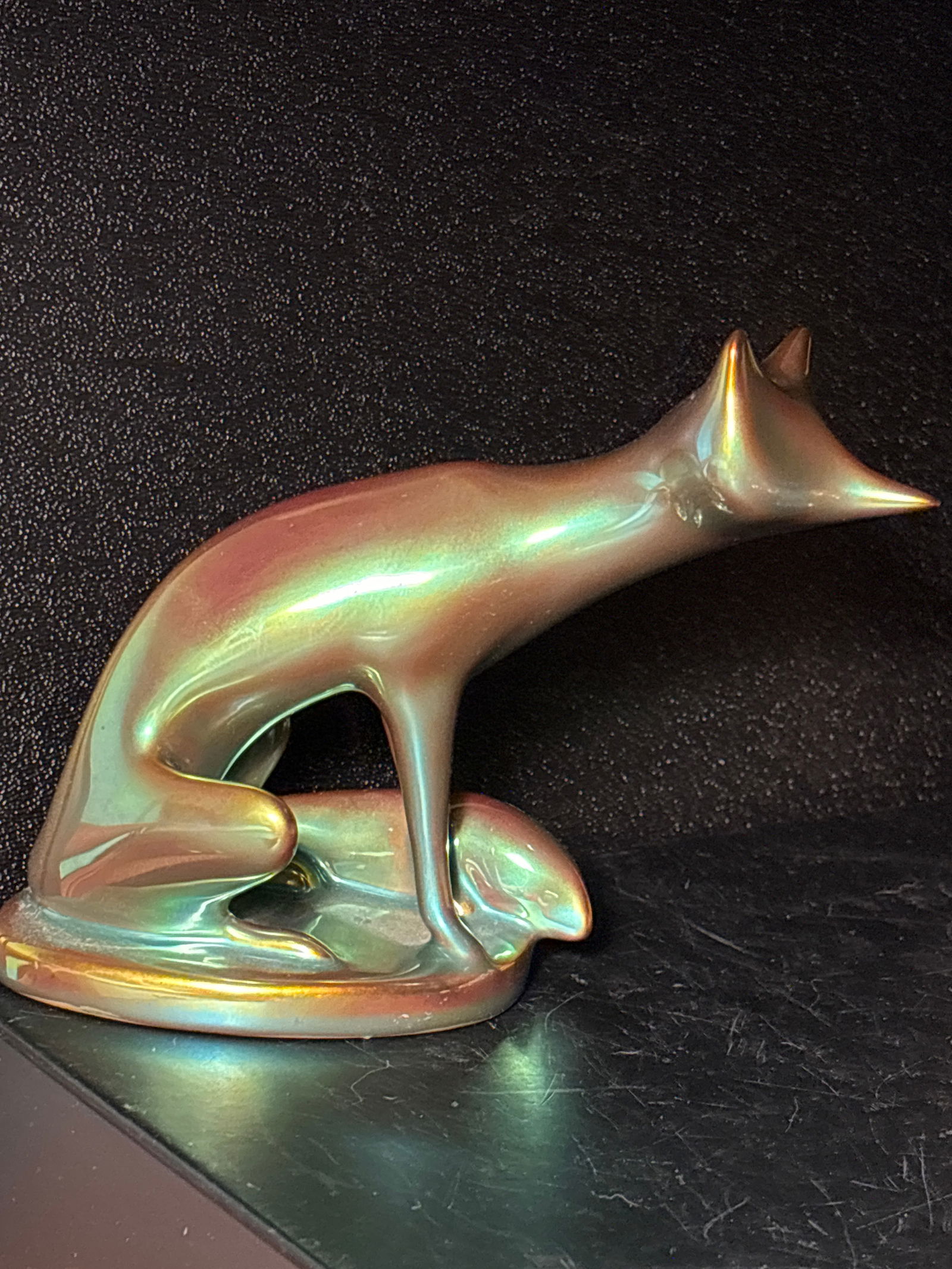 Art Deco Zsolnay , Hungary iridescent green glazed stylized fox 5 inch statue: Vintage Zsolnay , Hungary iridescent green glazed stylized fox 5 inch statue. Marked on bottom. Good condition with no damage