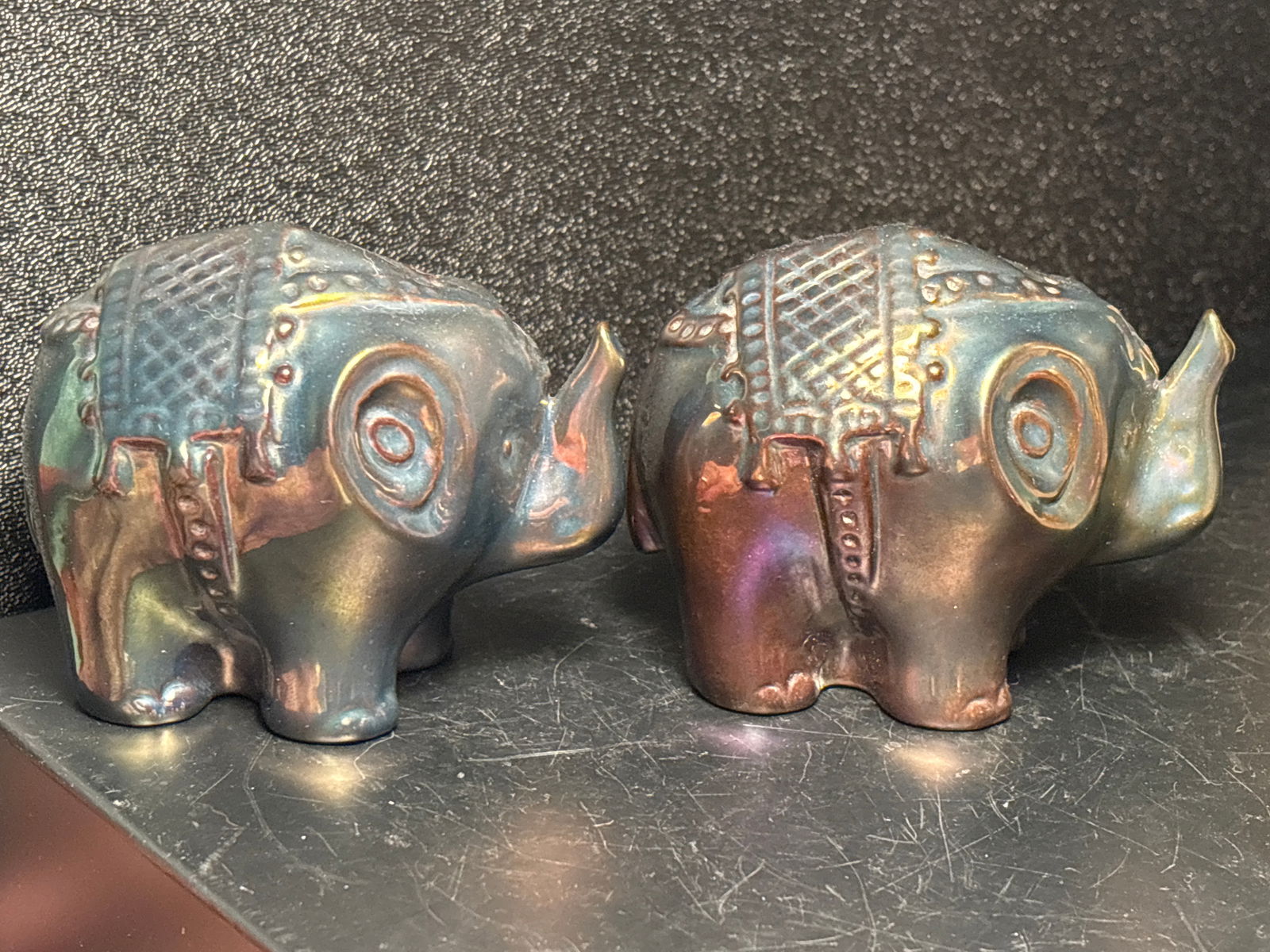 Two stylized Elephants Zsolnay Austrian iridescent blue/green glazed  3 inch statues (1 of 7)