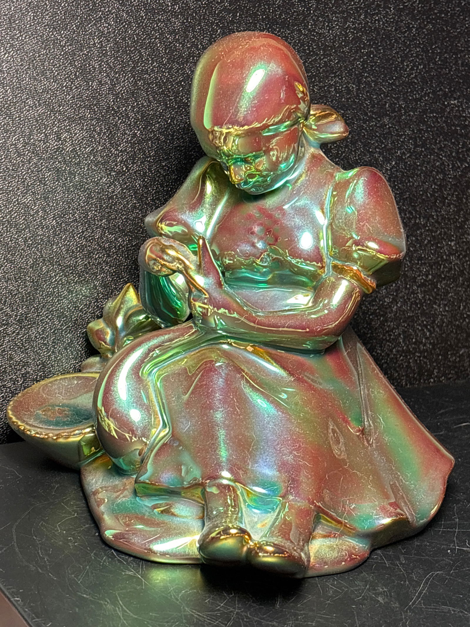 Large Vintage Zsolnay Pecs Austrian iridescent green glazed porcelain 8inch girl w/swan statue (1 of 8)