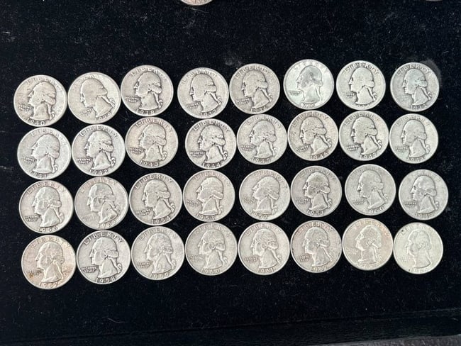 sequential group of 32 silver Washington quarters set including 1932 & 1949 (1 of 8)
