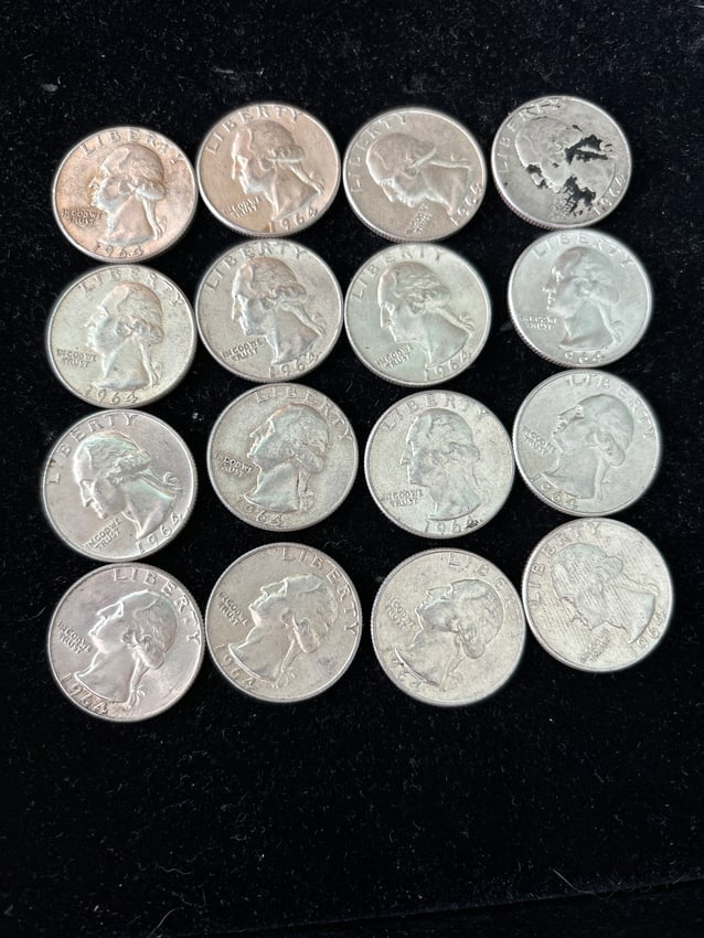 Lot of sixteen (16) 1964 Washington silver quarters (1 of 5)