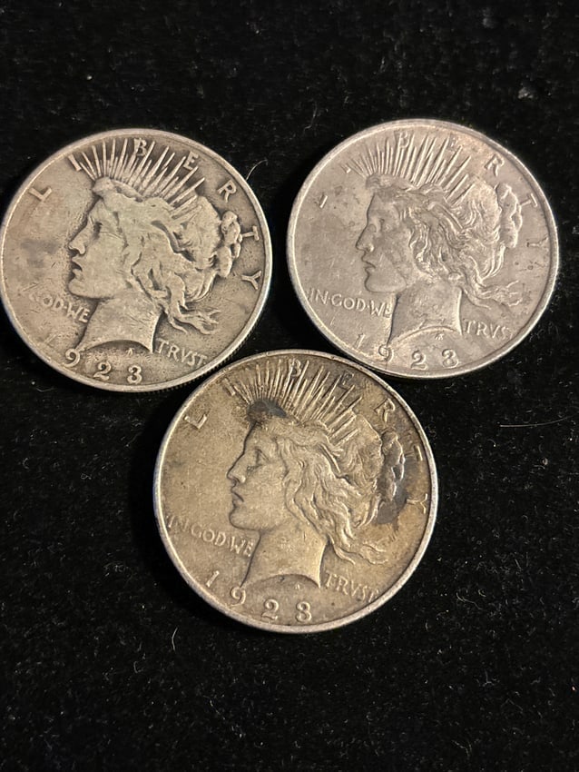 Group Lot of Three circulated 1923 Peace US silver dollars (1 of 6)