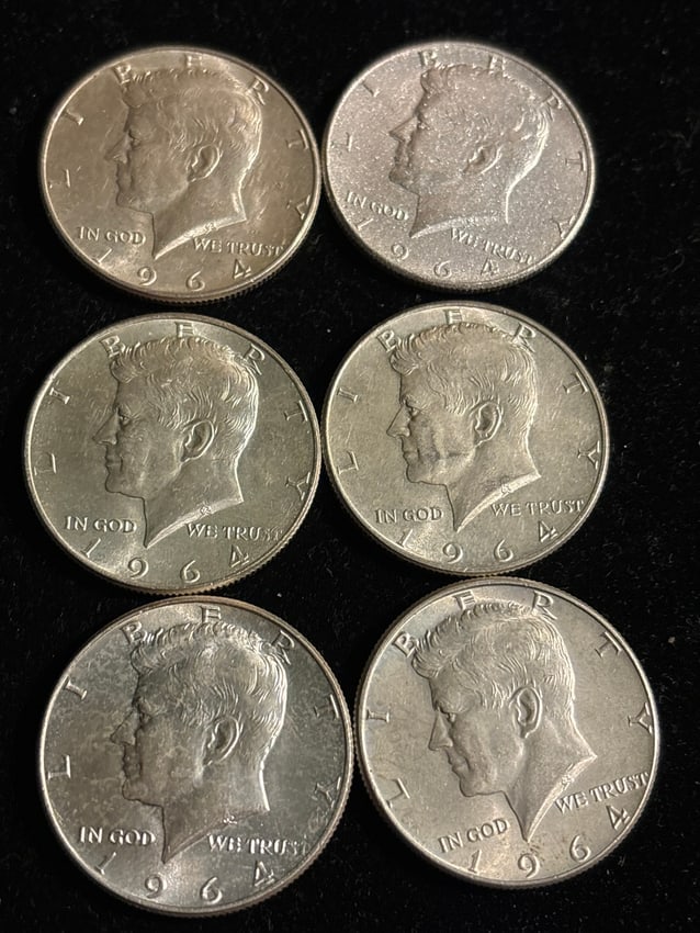 Group of six (6) 1964 Kennedy circulated silver half dollars (1 of 4)