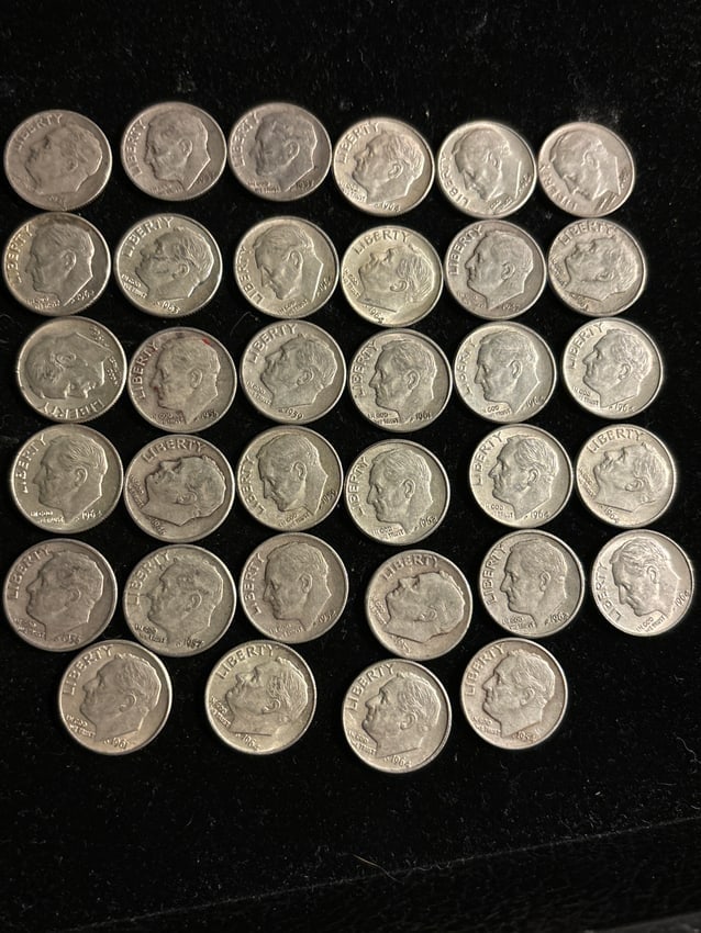 Group lot of thirty-four (34) circulated silver Roosevelt dimes (1 of 8)