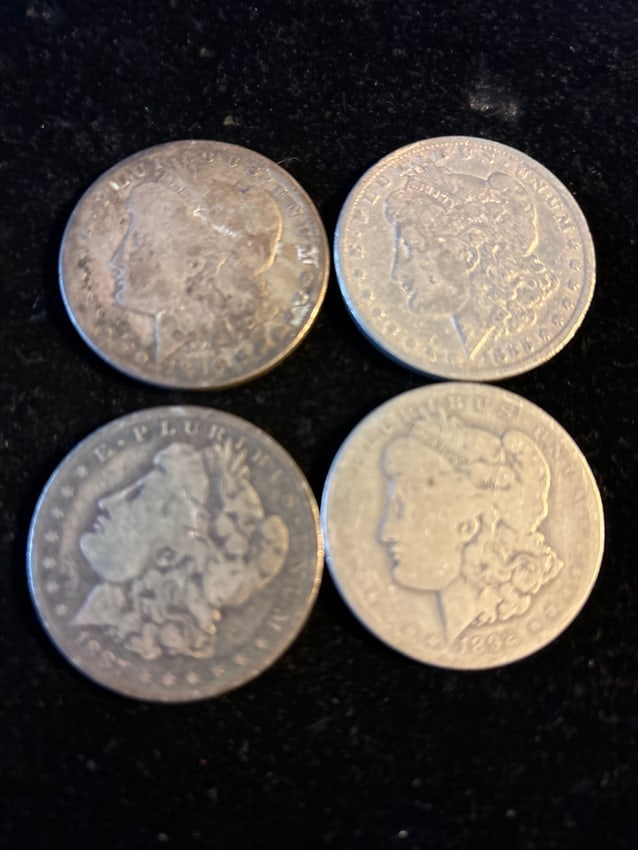 Lot of three Morgan silver dollars; 1885, 1887, 1892 & 1896. Worn (1 of 6)
