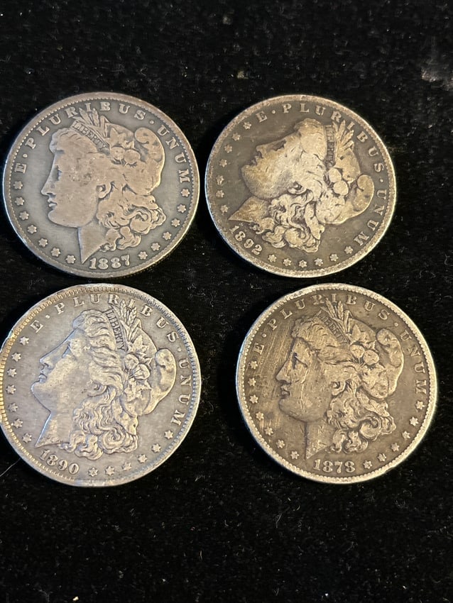 Early Lot of four Morgan silver dollars; 1878, 1887, 1892 & 1890. Dark & Worn (1 of 6)