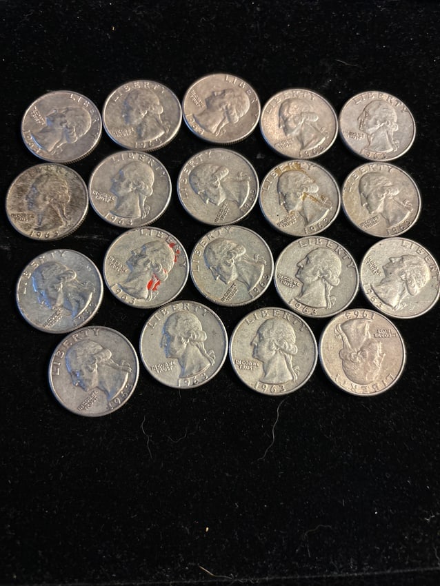 Group lot of nineteen (19) 1963 Washington silver quarters; various dates & condition (1 of 5)