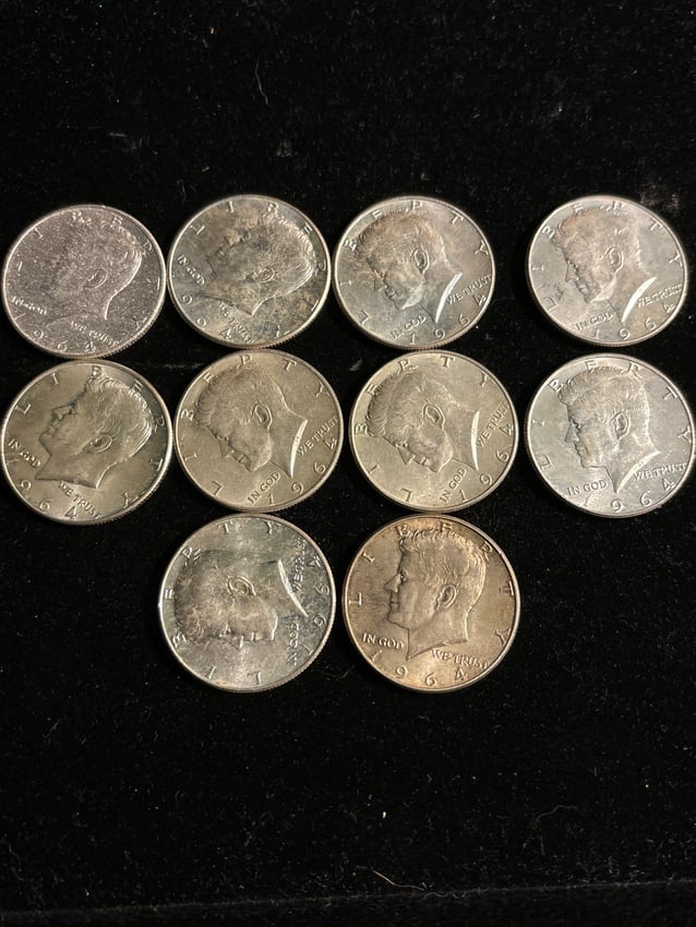 Lot of ten (10) 1964 Kennedy silver half dollars (1 of 5)