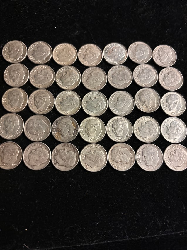 Group of thirty-five (35) pre- 1964 Roosevelt silver dimes (1 of 6)