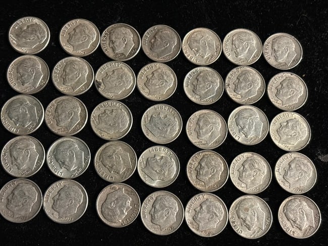 Group of thirty-five (35) pre- 1964 Roosevelt silver dimes (1 of 5)