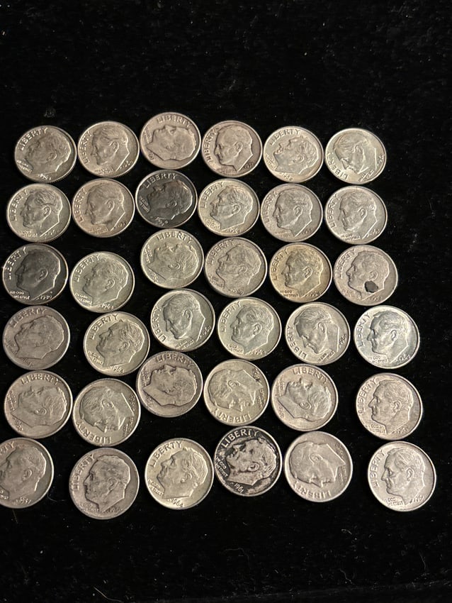 Group of thirty-six (36) pre- 1964 Roosevelt silver dimes (1 of 6)