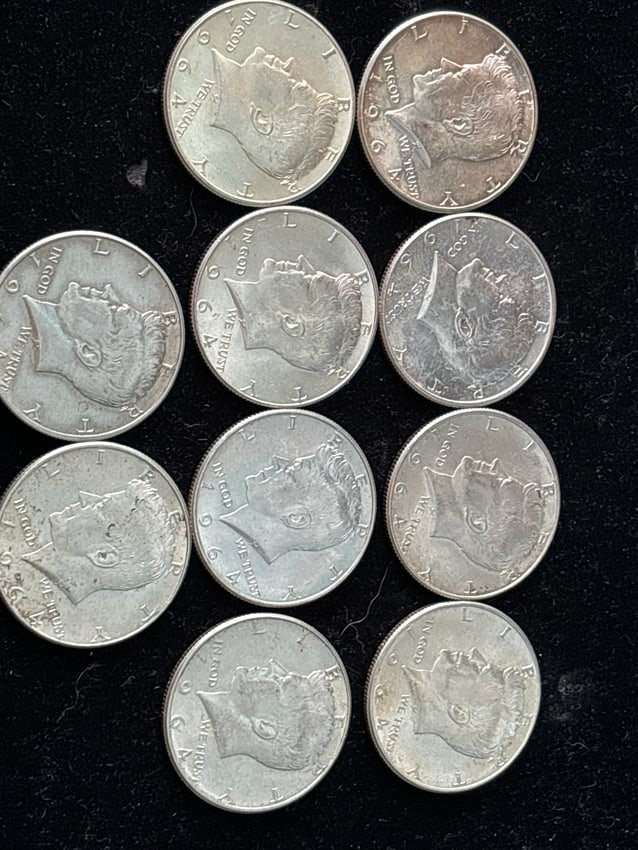 Lot of ten 1964 Kennedy silver half dollars (1 of 4)