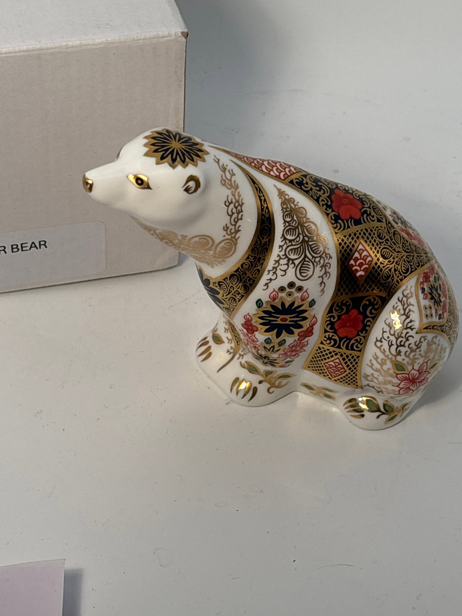 Artist signed 5 inch Royal Crown Derby Imari bear English china paperweight statue: Royal Crown Derby Imari bear English china paperweight statue. Original box. Silver stopper. Very good beautiful condition