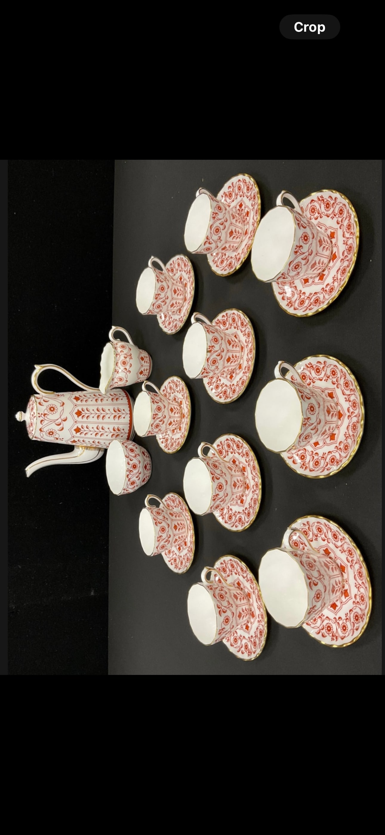 23 piece Royal Crown Derby Rougemont pattern coffee service for ten: Royal Crown Derby Rougemont pattern coffee service for ten comprised of; a coffee pot, cream jug, sugar bowl, ten coffee cups and saucers, all first quality. Very good condition. No chips, cracks, etc