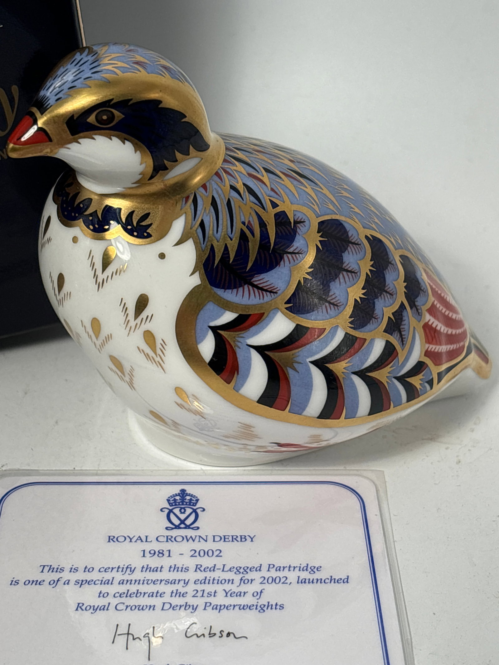 Mark Dey modeled special ed. Red legged partridge Royal Derby 4&1/2 inch paperweight: Mark Dey modeled special ed. Red legged partridge Royal Crown Derby fine China 4&1/2 inch paperweight. Original box. Gold stopper.Very good condition, no chips, cracks, etc.