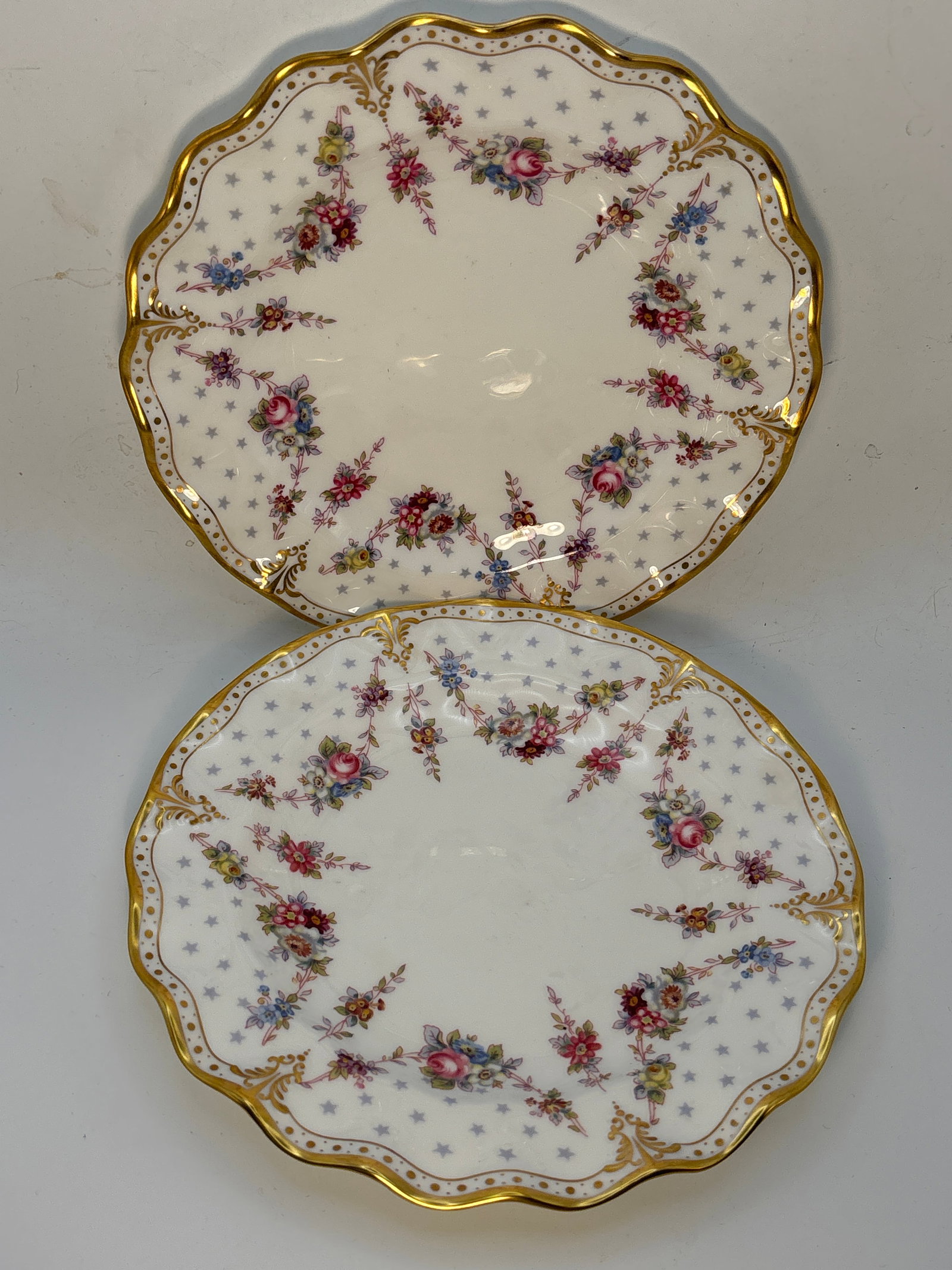 Wavy edge Pair Royal Antoinette A.1225 Royal Crown Derby English china 8 inch plates: Wavy edge Pair Royal Antoinette A.1225 Royal Crown Derby English china 8 inch plates.No chips, cracks, repairs…Very good condition