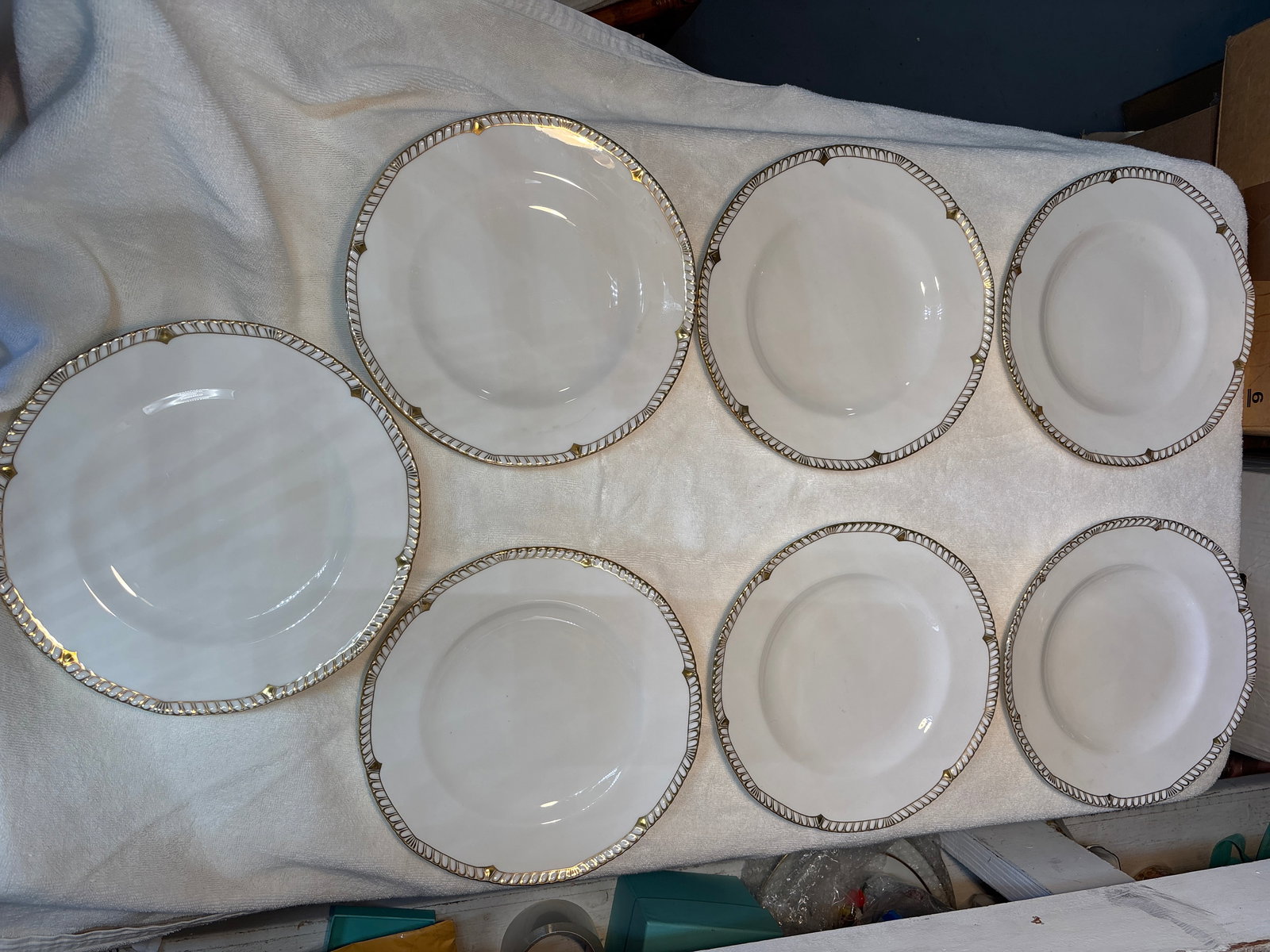 set of seven 10&1/4inch ‘Prince Consort’ A.1285 pattern Royal Crown Derby dinner plates: set of seven10&1/4 inch “Prince Consort” pattern Royal Crown Derby dinner plates.No chips, cracks, repairs…Very good condition