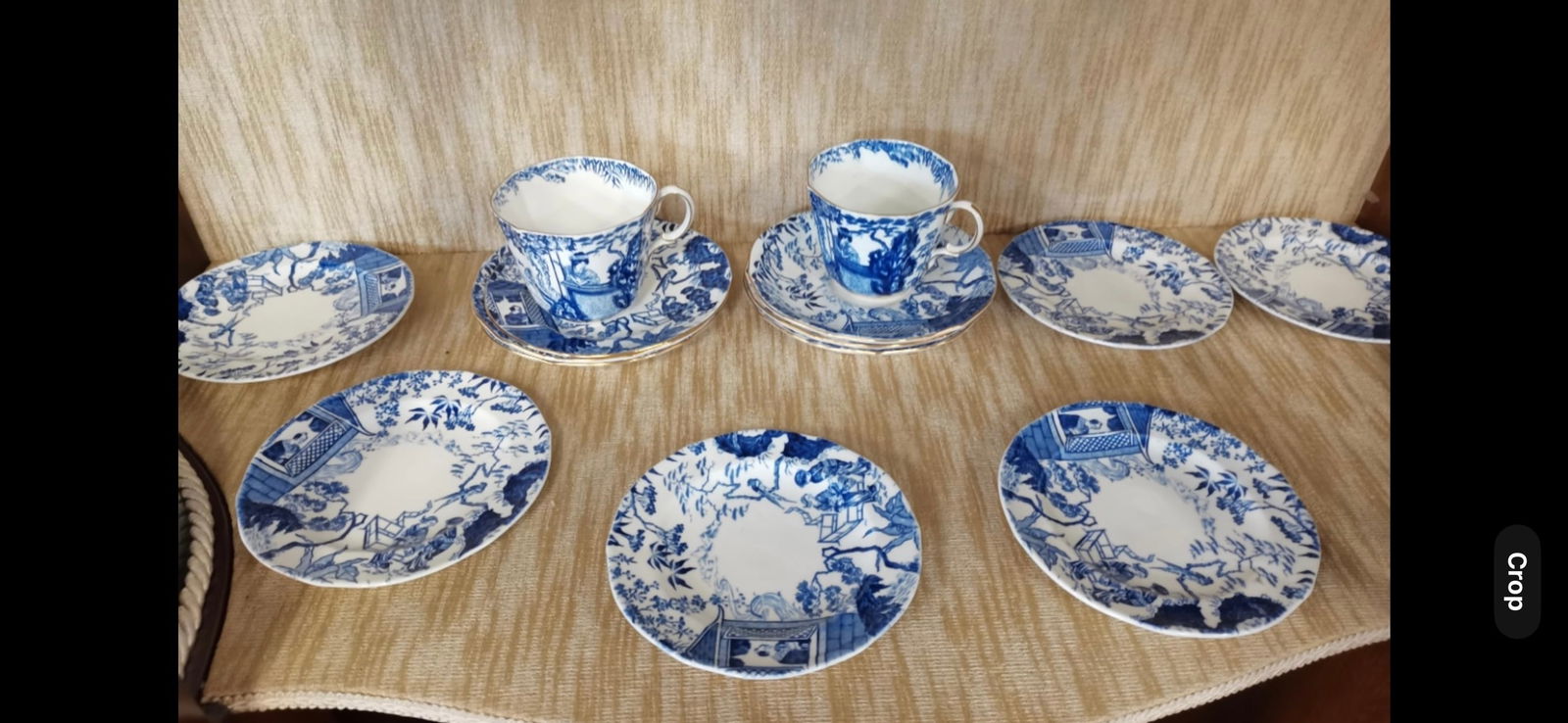 14 piece Mikado blue pattern Royal Crown Derby plates, tea saucers & 2 cups: 14 piece Mikado blue pattern Royal Crown Derby group. There are six 6&1/4 inch small plates, 6 tea cup saucers & 2 tea cups. Good condition overall, but possibly some or all of the lot has slight wear