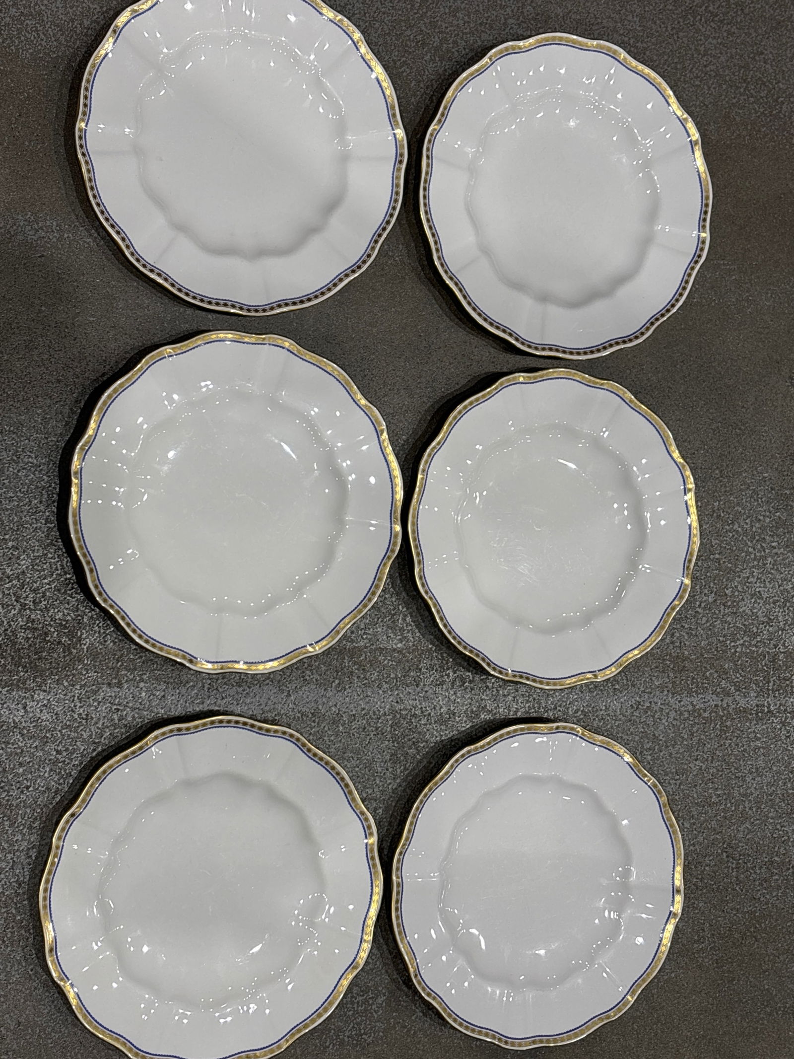 Set of six Carlton Blue A.1300 Royal Crown Derby 10&1/3 inch plates;1st quality (1 of 6)
