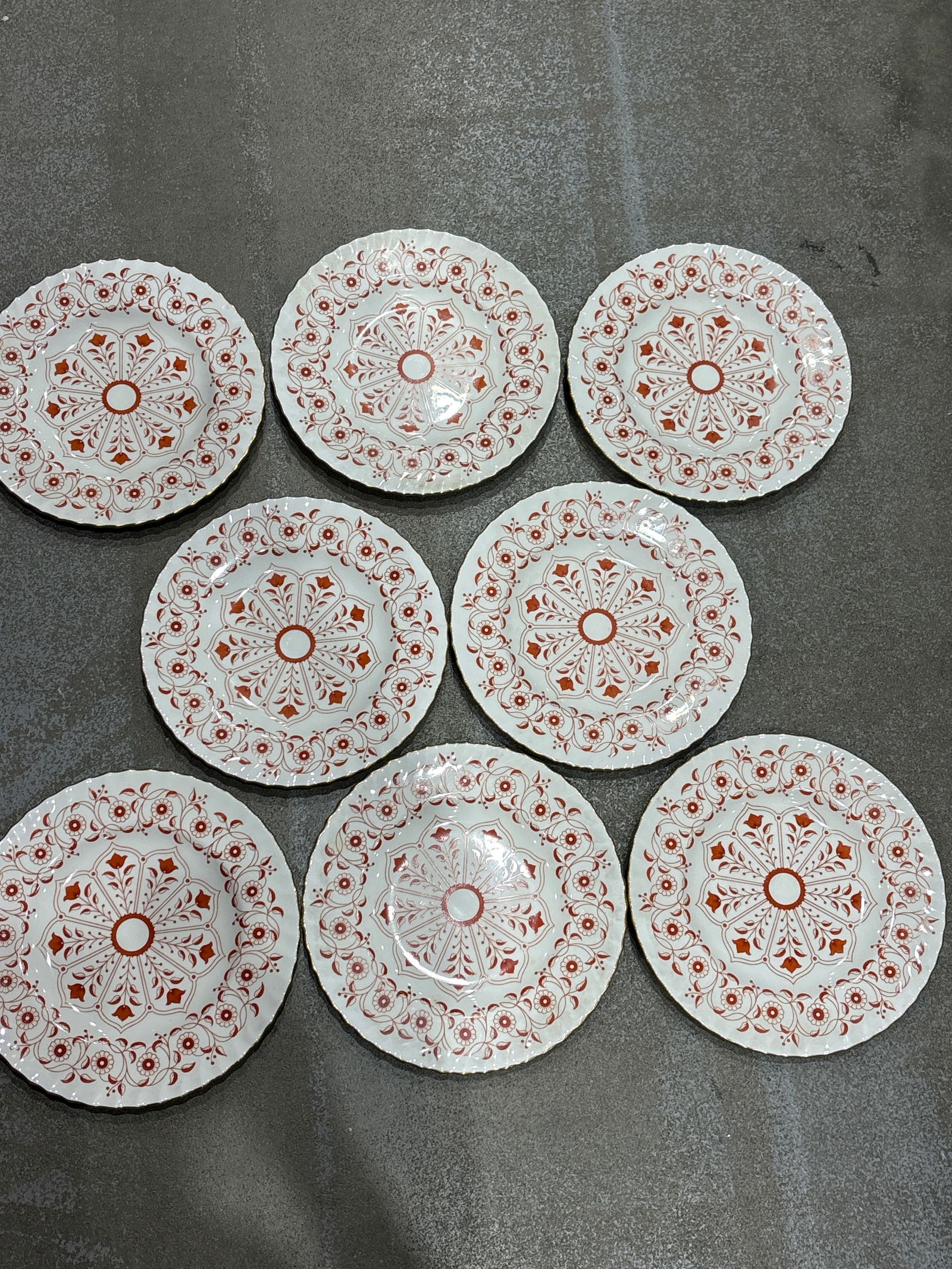 Set of eight ‘Rougemont’ Royal Crown Derby 10&1/2 inch dinner plates: Set of eight ‘Rougemont’ Royal Crown Derby 10&1/2 inch dinner plates.Very good condition with no chips, cracks, etc