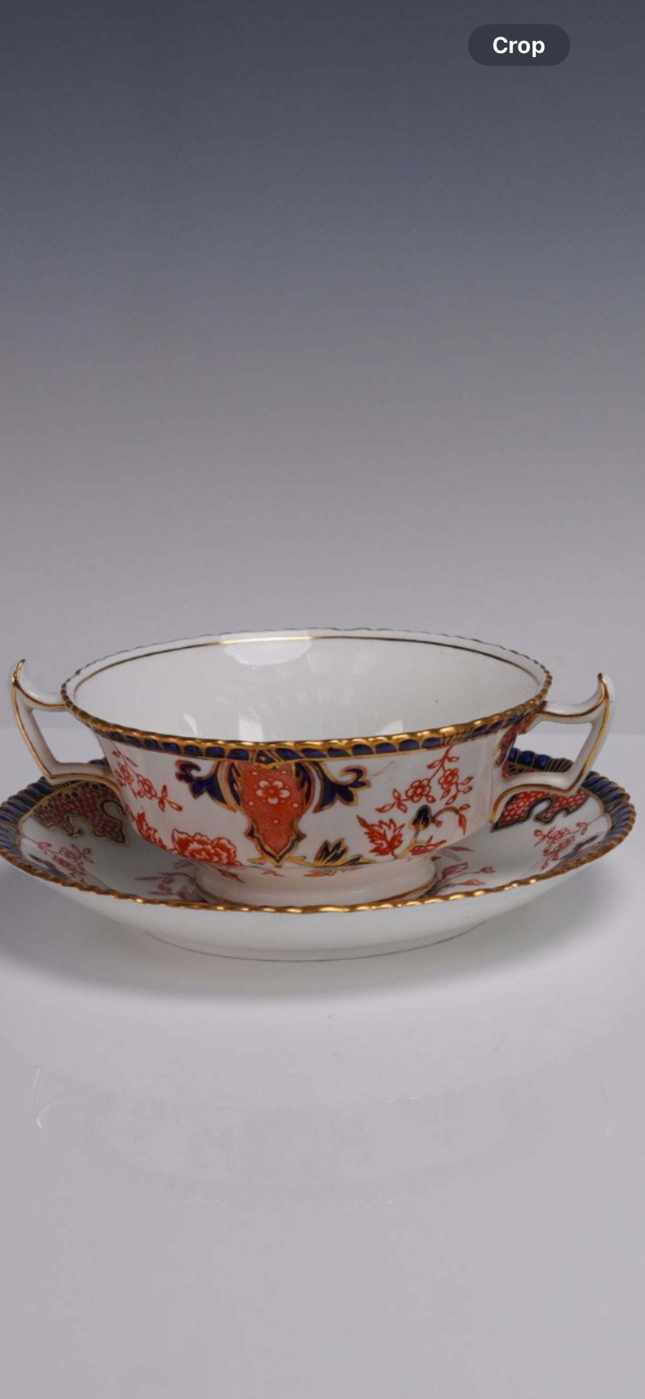 Set of eight Black Starr & Gorham Imari 2224Royal Crown Derby soup bowl/cups: Antique Royal Crown Derby porcelain 2 handled soup cups in the Imari pattern number 2224, retailed by Black Starr & Gorham, New York. Each soup bowl measures 6.75"L x 2.5". Each soup bowl saucer measu