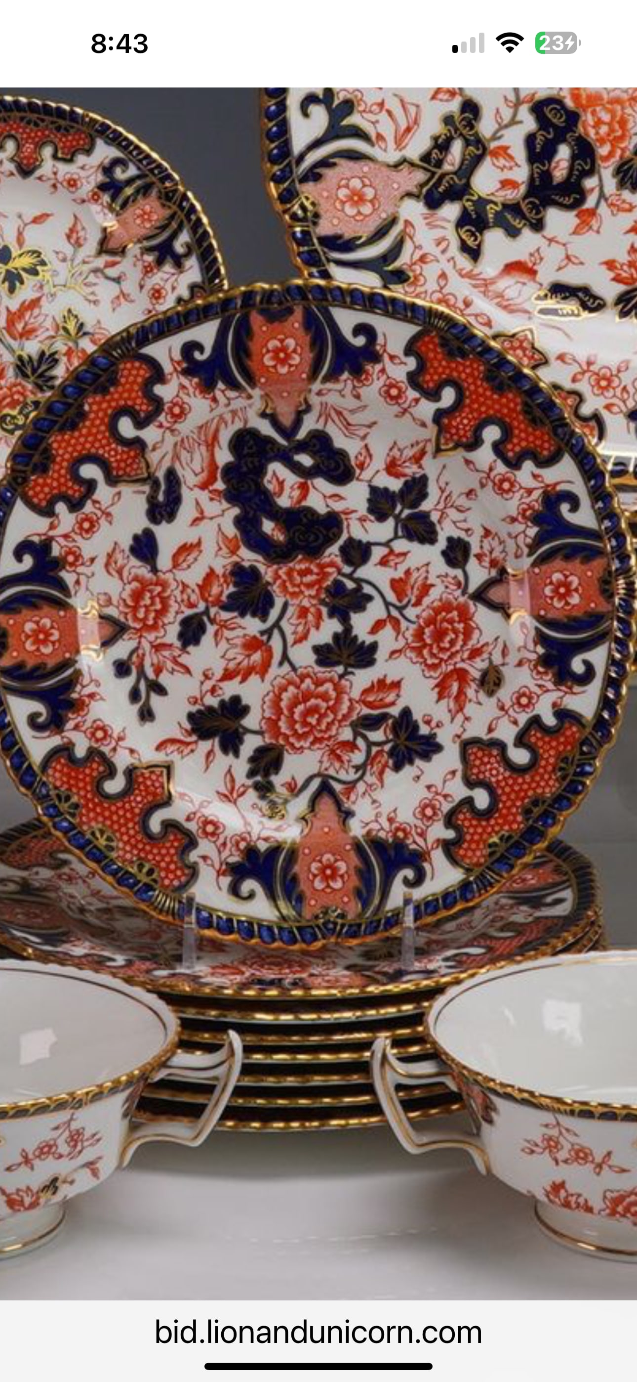 Set of eight Black Starr & Gorham Imari 2224Royal Crown Derby 8 inch plates: Antique set of eight Royal Crown Derby porcelain plates in the Imari pattern number 2224, retailed by Black Starr & Gorham, New York. They measure 8 inches. Very good condition