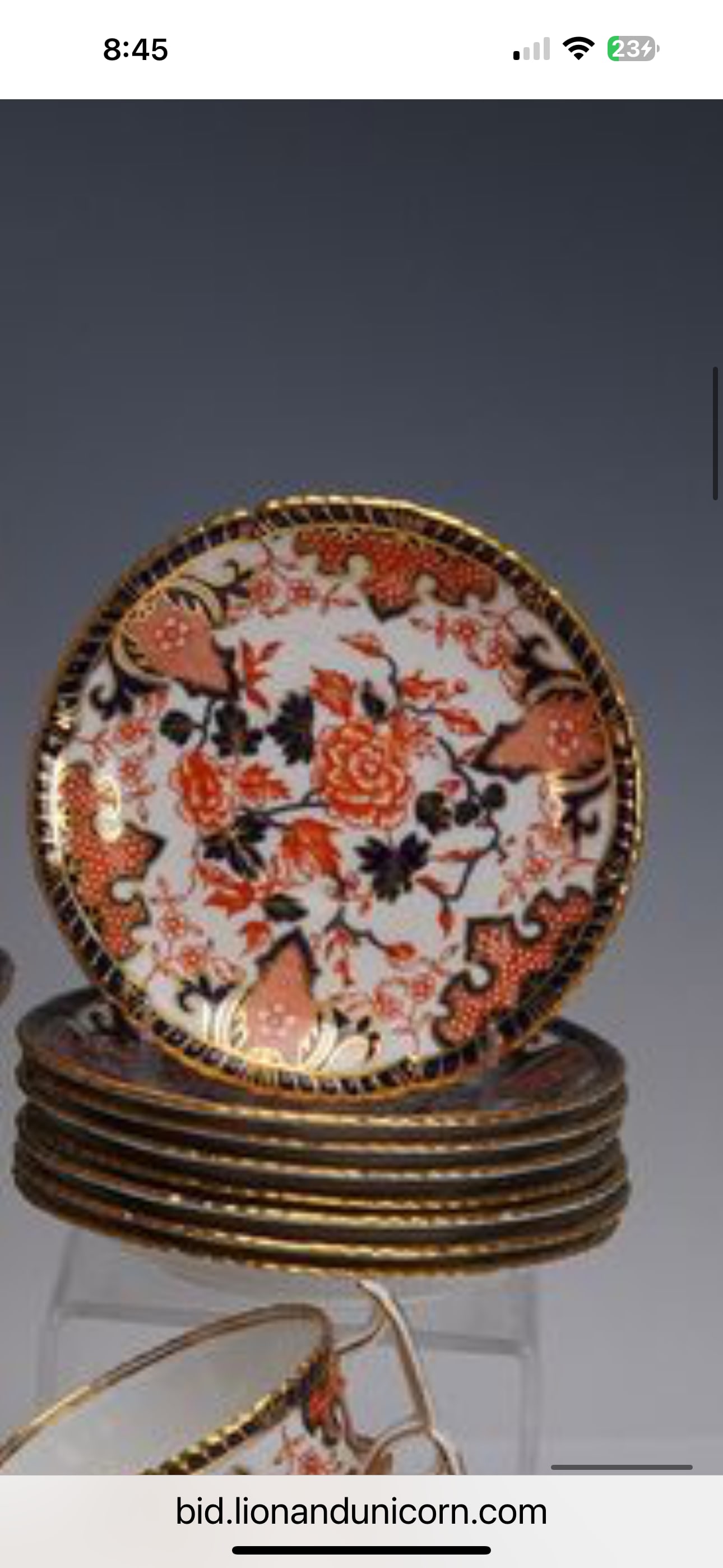 Set of eight Black Starr & Gorham Imari 2224Royal Crown Derby 6 inch side plates: Antique set of eight Royal Crown Derby porcelain side plates in the Imari pattern number 2224, retailed by Black Starr & Gorham, New York. They measure 6 inches. Very good condition