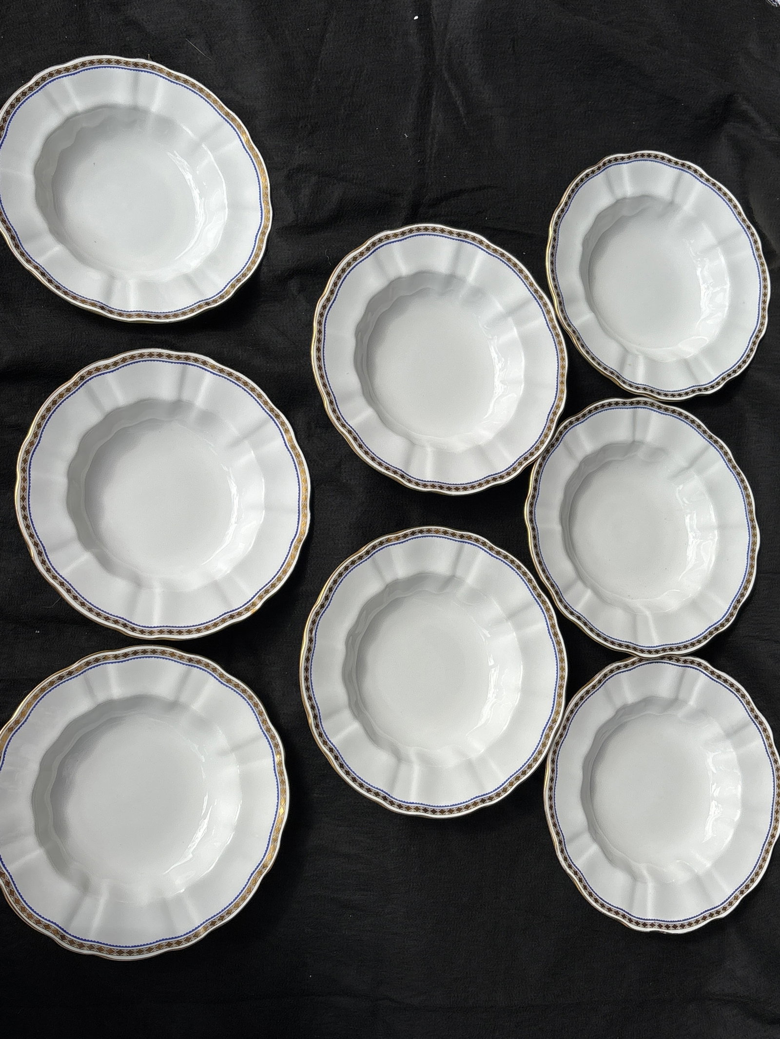 Set of eight Carlton Blue A.1300 Royal Crown Derby 8&1/2inch rimmed soup bowls: Set of eight Carlton Blue A.1300 Royal Crown Derby 8&1/2inch rimmed soup bowls .Very good condition