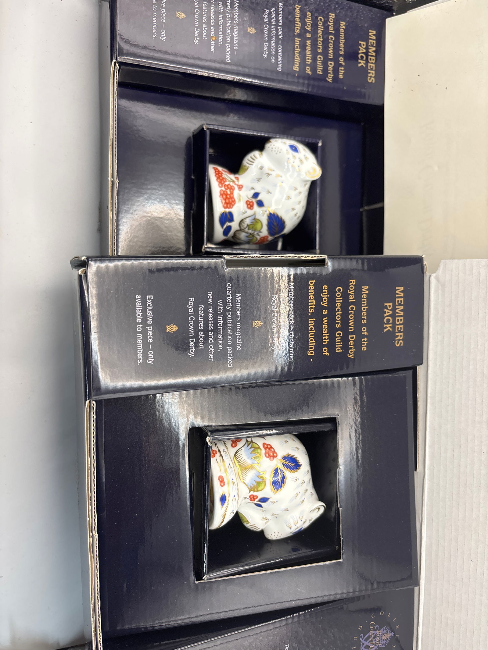Two 2008 Collectors Guild ‘Derby Dormouse’ Royal Crown Derby 3 inch paperweights: Two 2008 Collectors Guild ‘Derby Dormouse” Royal Crown Derby 3inch paperweight. Both With original members pack fitted box, gold stopper.Very good condition