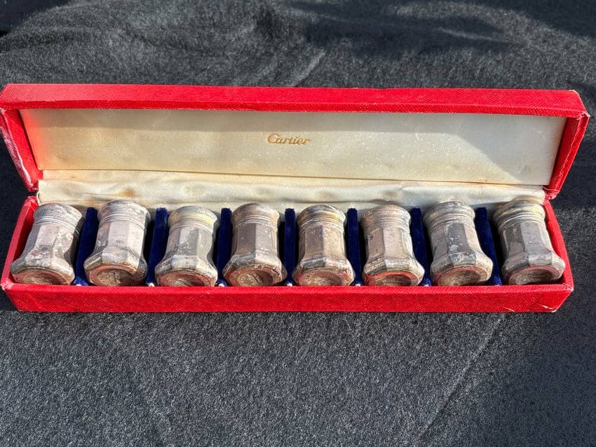 Vintage Cartier Sterling set of eight small 1&1/2 inch shakers in fitted box; 54 grams (1 of 5)
