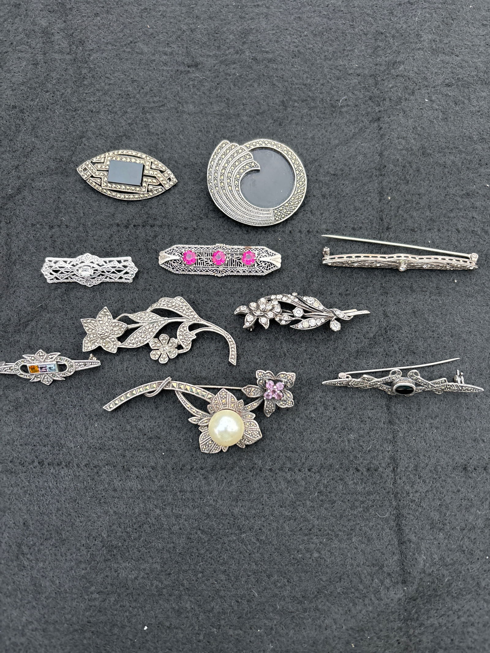 Group of ten assorted marquisite Sterling silver brooch/pins; about 88 grams (1 of 5)