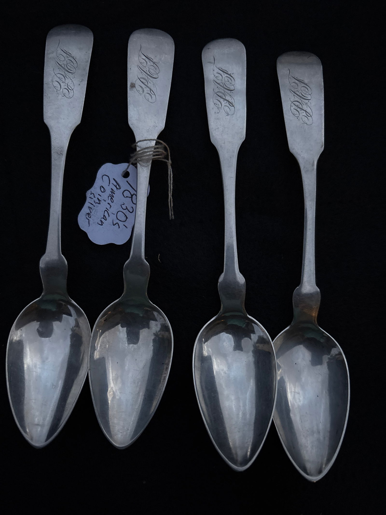 Set a four early 19th century American coin silver 6 inch  spoons; 54 grams (1 of 5)