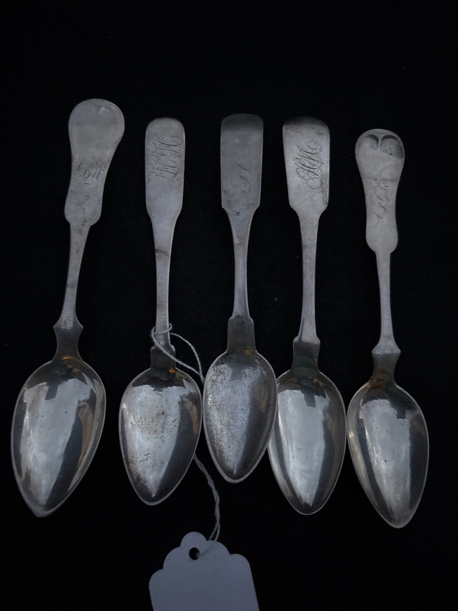 Set assorted five early 19th century American coin silver 5&3/4inch  spoons; 80grams (1 of 7)