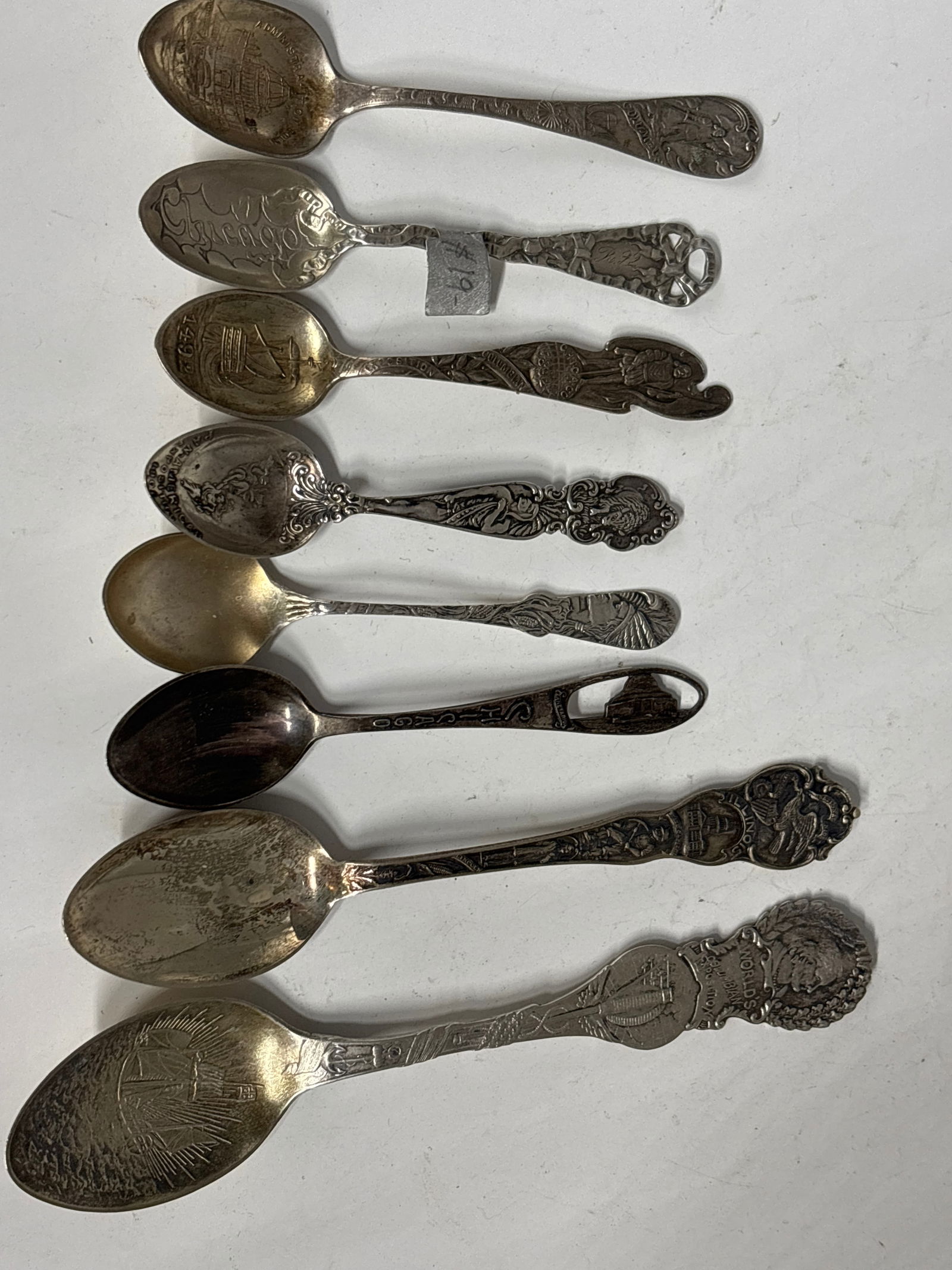 Group of eight antique Illinois or Colombian expo related souvenir spoons; 100grams (1 of 9)