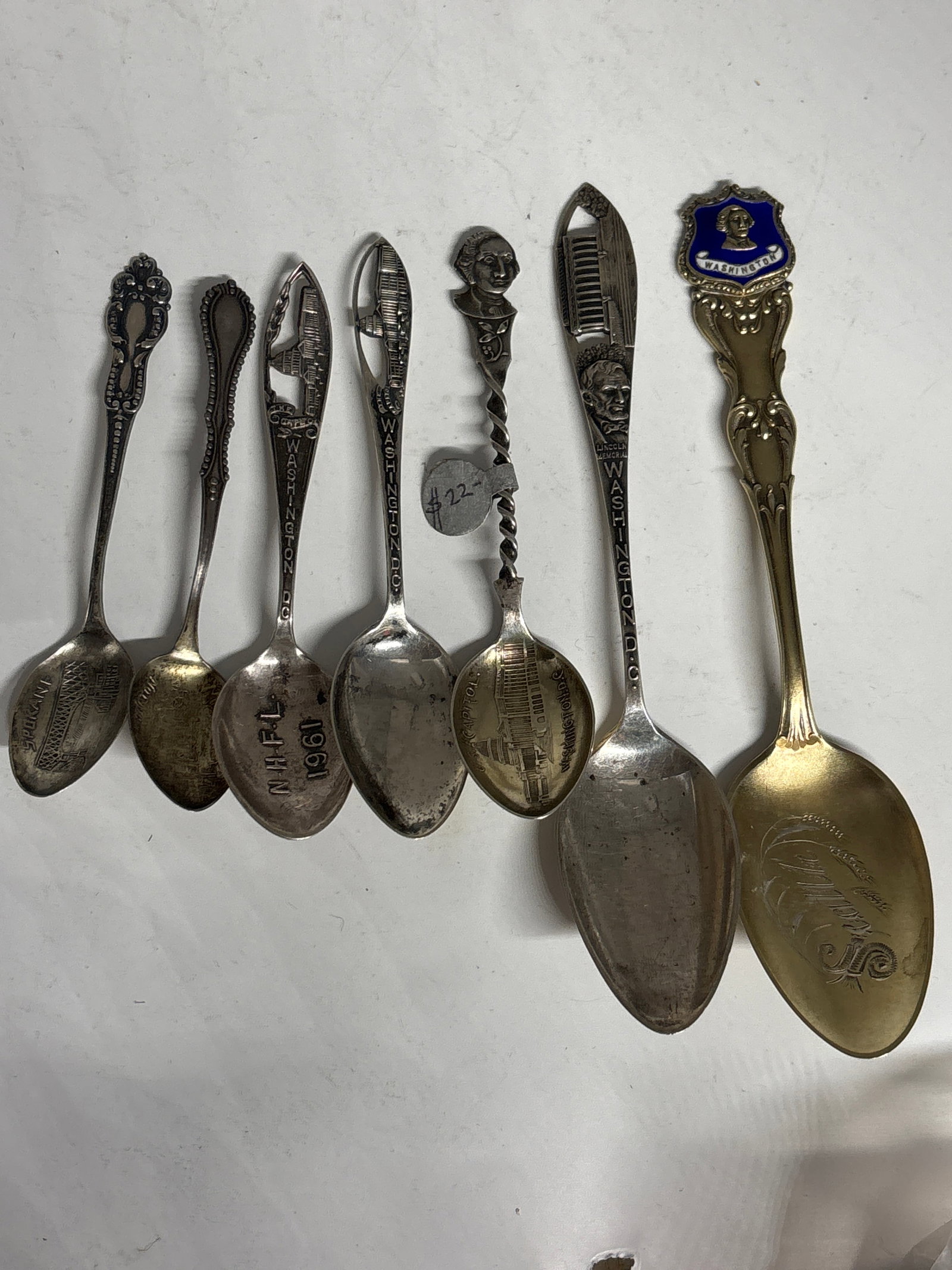 Group of eight antique Washington related souvenir spoons; 77grams: Group of Eight antique Washington related souvenir spoons; 77grams. Good condition with no damage .Good. Range 5&1/2 to 3 inch.