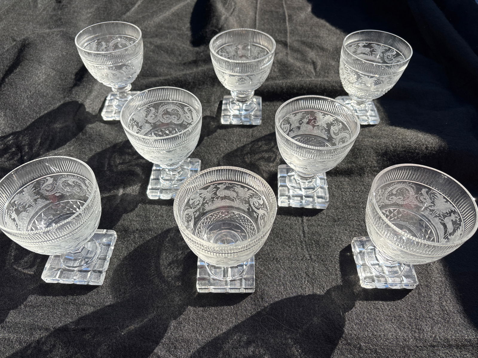 Set of eight Victorian Bohemian deer scene etched 4&1/2 inch cut crystal glasses (1 of 8)