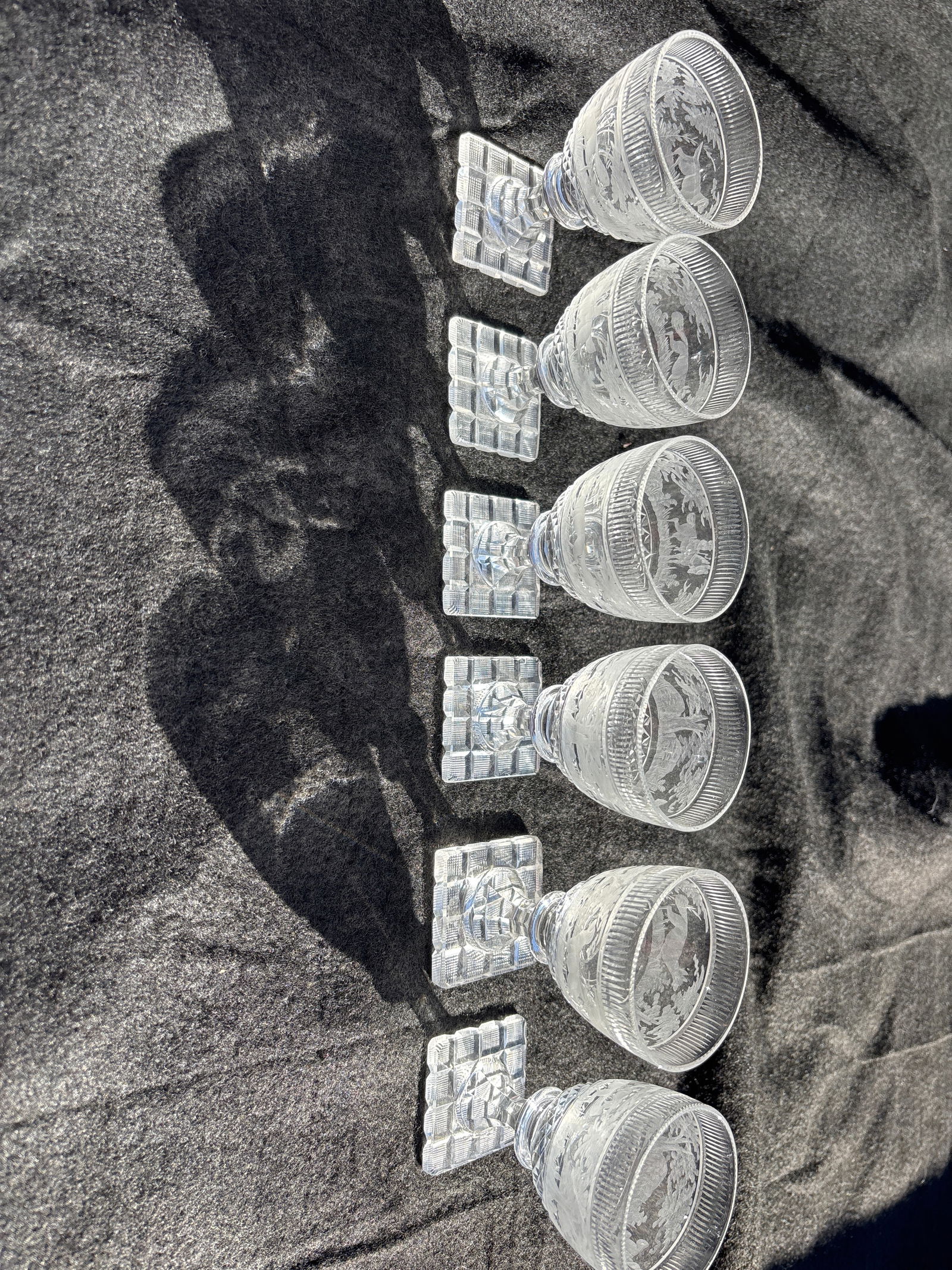 Set of six Victorian Bohemian fox & hunter  etched 3&3/4 inch cut crystal glasses (1 of 6)
