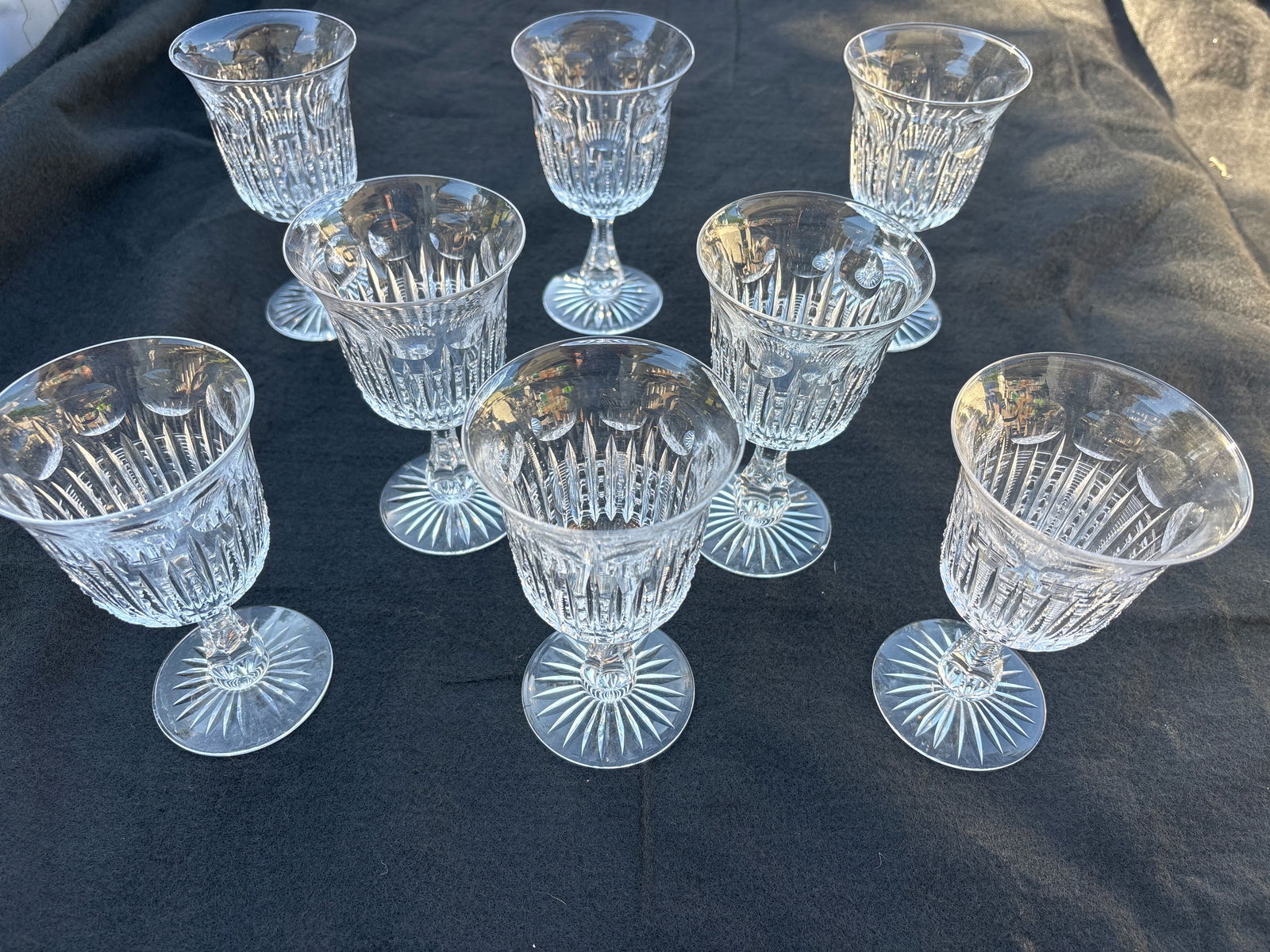 Set of eight 19th century Dörflinger or Sinclair cut crystal 6 inch glasses: Set of eight 19th century Dörflinger or Sinclair cut crystal 6 inch glasses. They are unsigned but both companies produced similar patterns to these. Two with tiny rim chips & one with chip to bottom