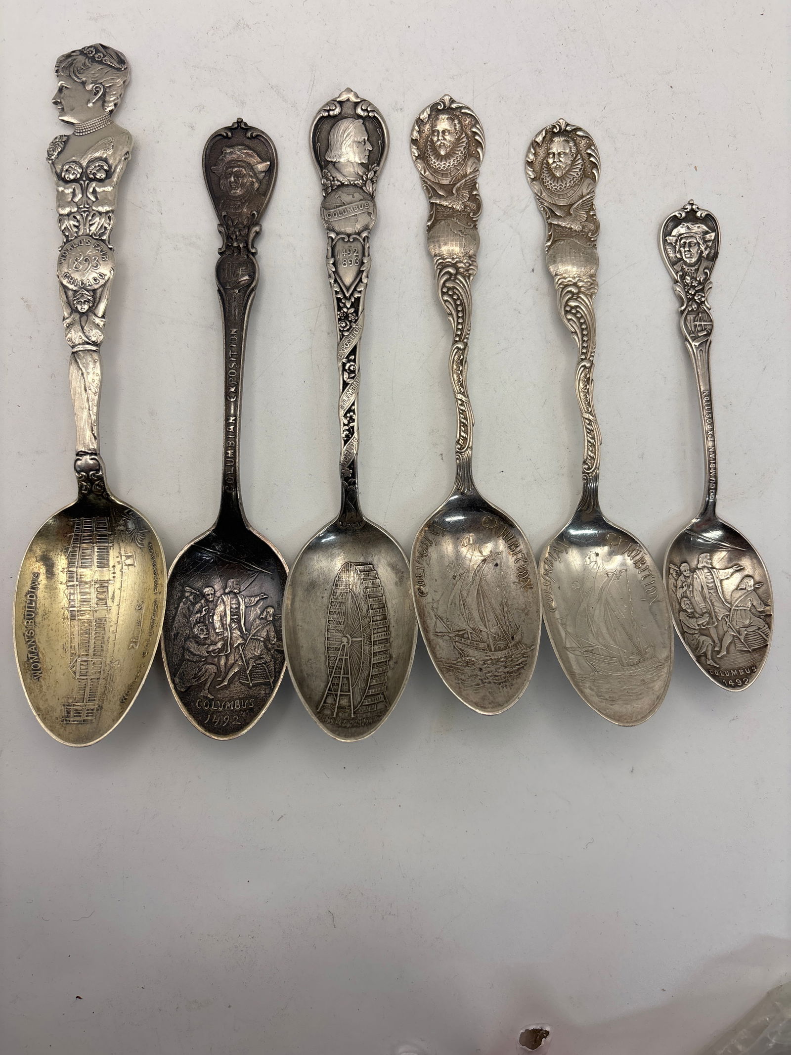 Group of six antique Sterling silver Columbus Exposition souvenir spoons; 114 grams (1 of 8)