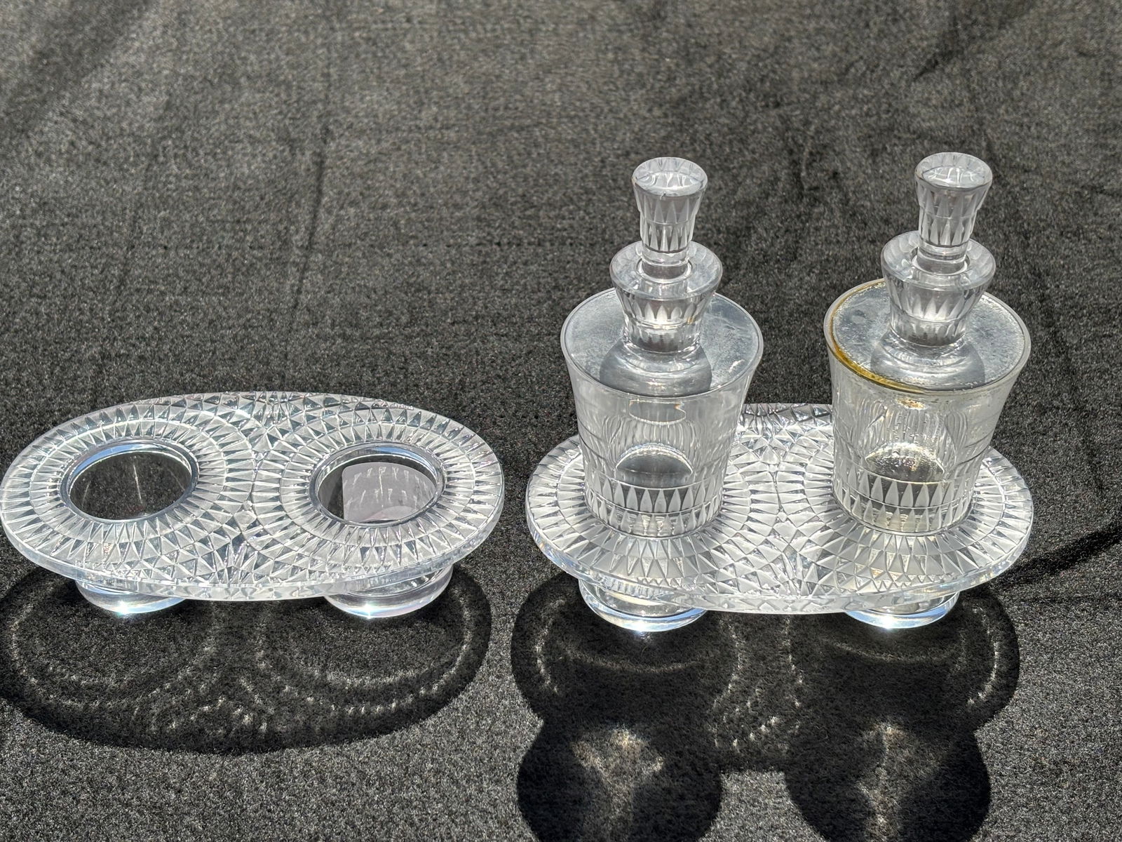 Lalique France crystal "Bourgueil" pattern oil and vinegar cruet set & a base (1 of 6)
