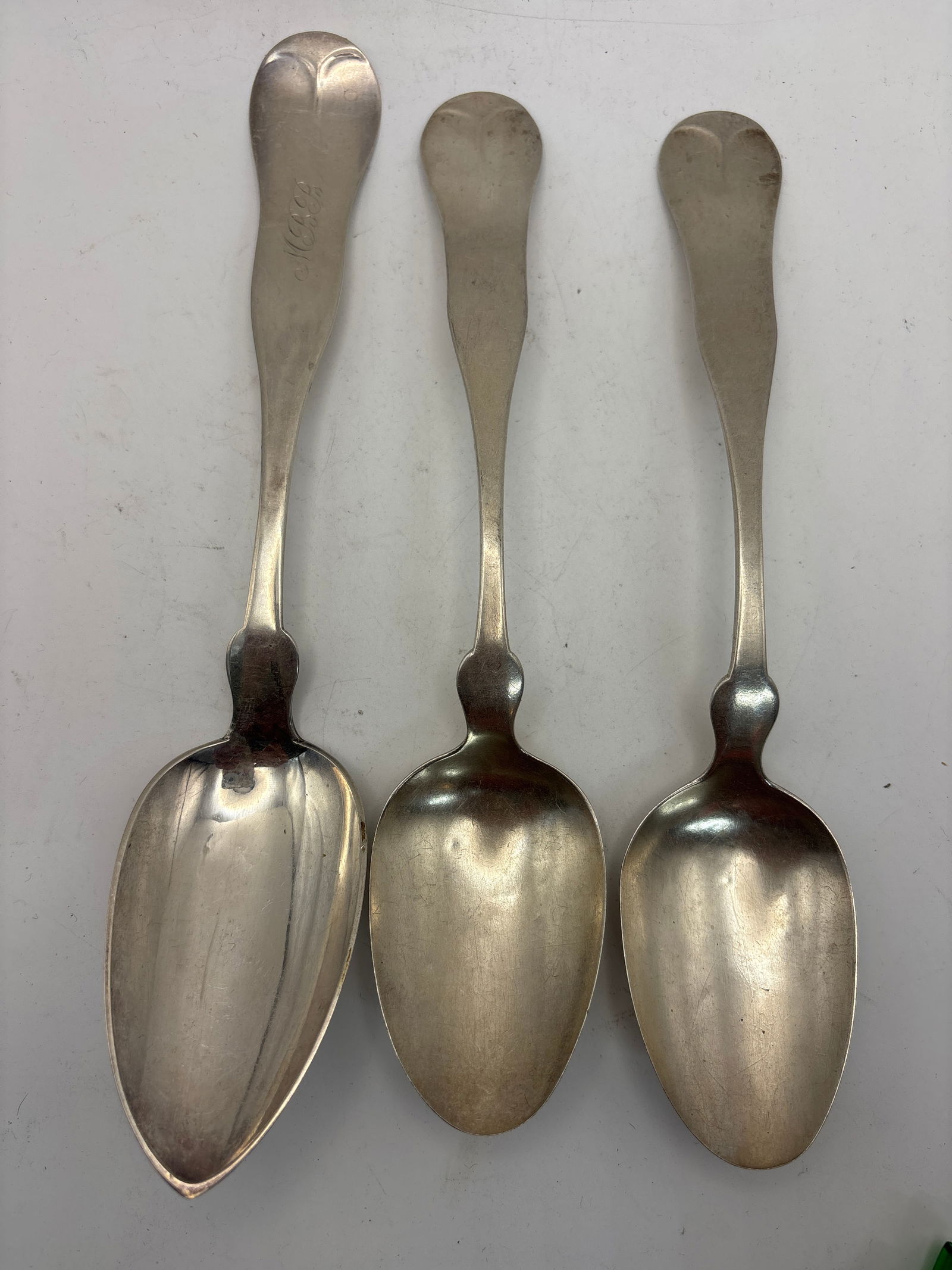 mid 19th C. Three large serving spoons American pure coin silver;  117 grams (1 of 7)