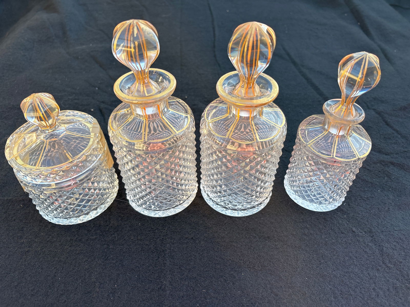 19th C. 4 piece gold enamel cut crystal dresser set ;possibly Baccarat (1 of 9)