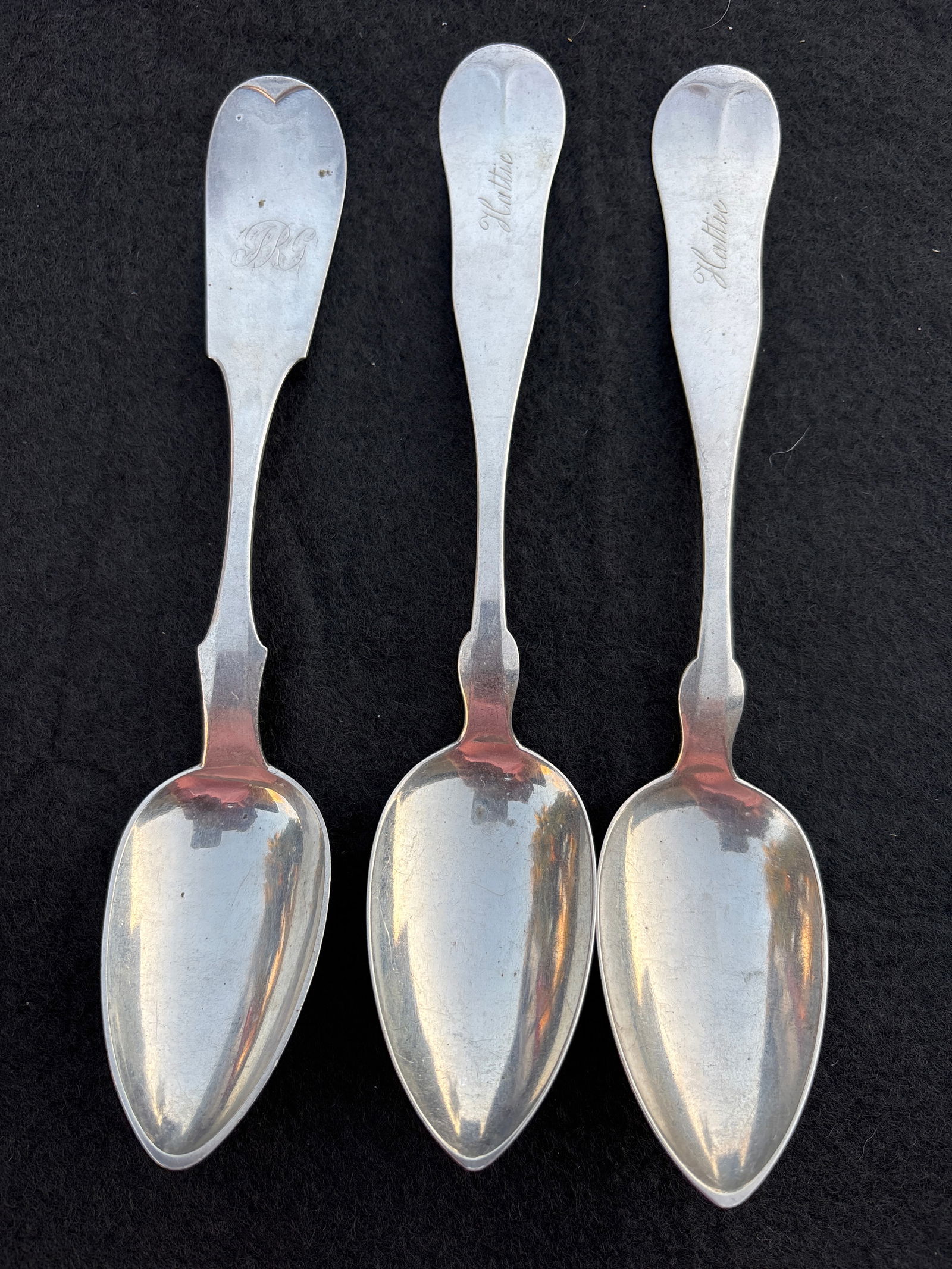 Three 7&1/2 inch 19th C. American coin silver serving spoons; 85grams (1 of 6)