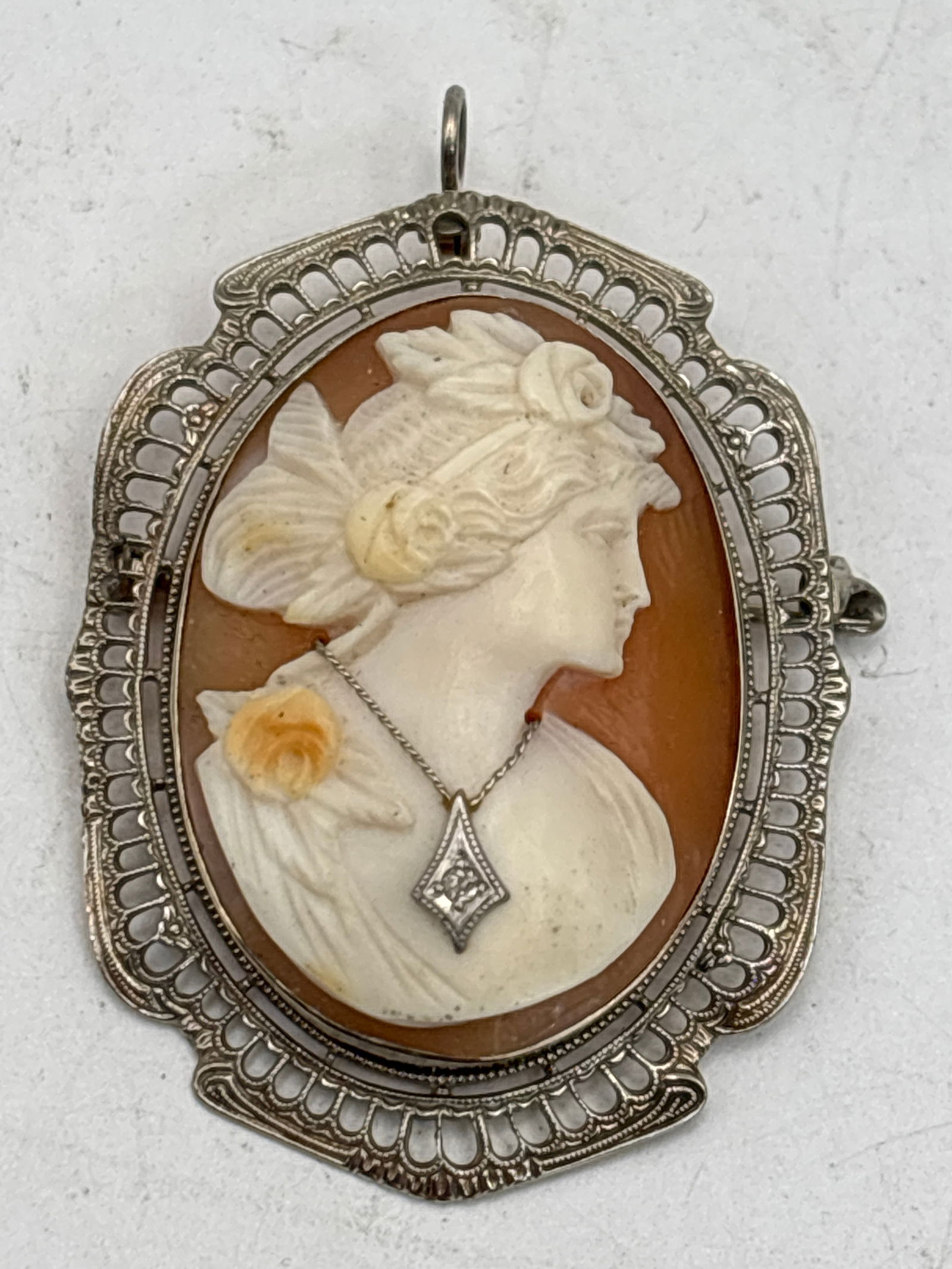 14 k white gold Vict/Art Deco shell carved woman’s portrait cameo 1&1/4 inch brooch pendant; 7 (1 of 8)