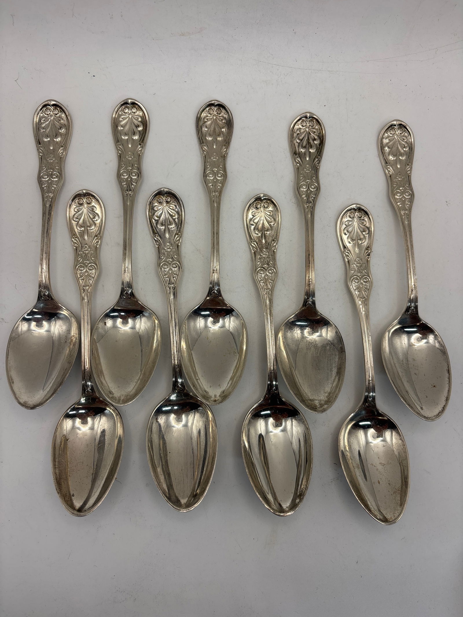 Set of nine patent 1870 Tiffany Sterling silver Saratoga pattern 6 inch spoons; 323 grams (1 of 8)