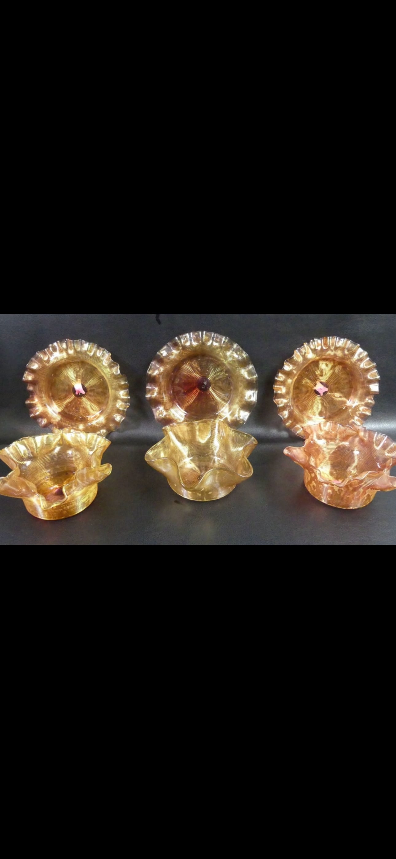 Six piece Vict. Sandwich Glass Co. pink/ salmon/gold iridescent ruffled finger bowls (1 of 8)